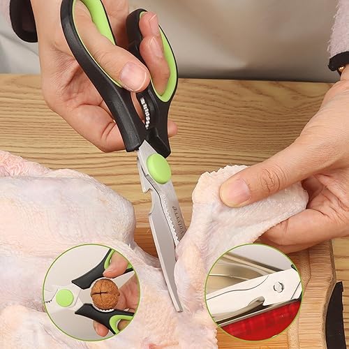 Miniatura 2 de Tijeras de cocina, cuchillas de acero inoxidable, agarre suave, juego de tijeras de cocina multiusos resistentes, negroverde, juego de 4 piezas