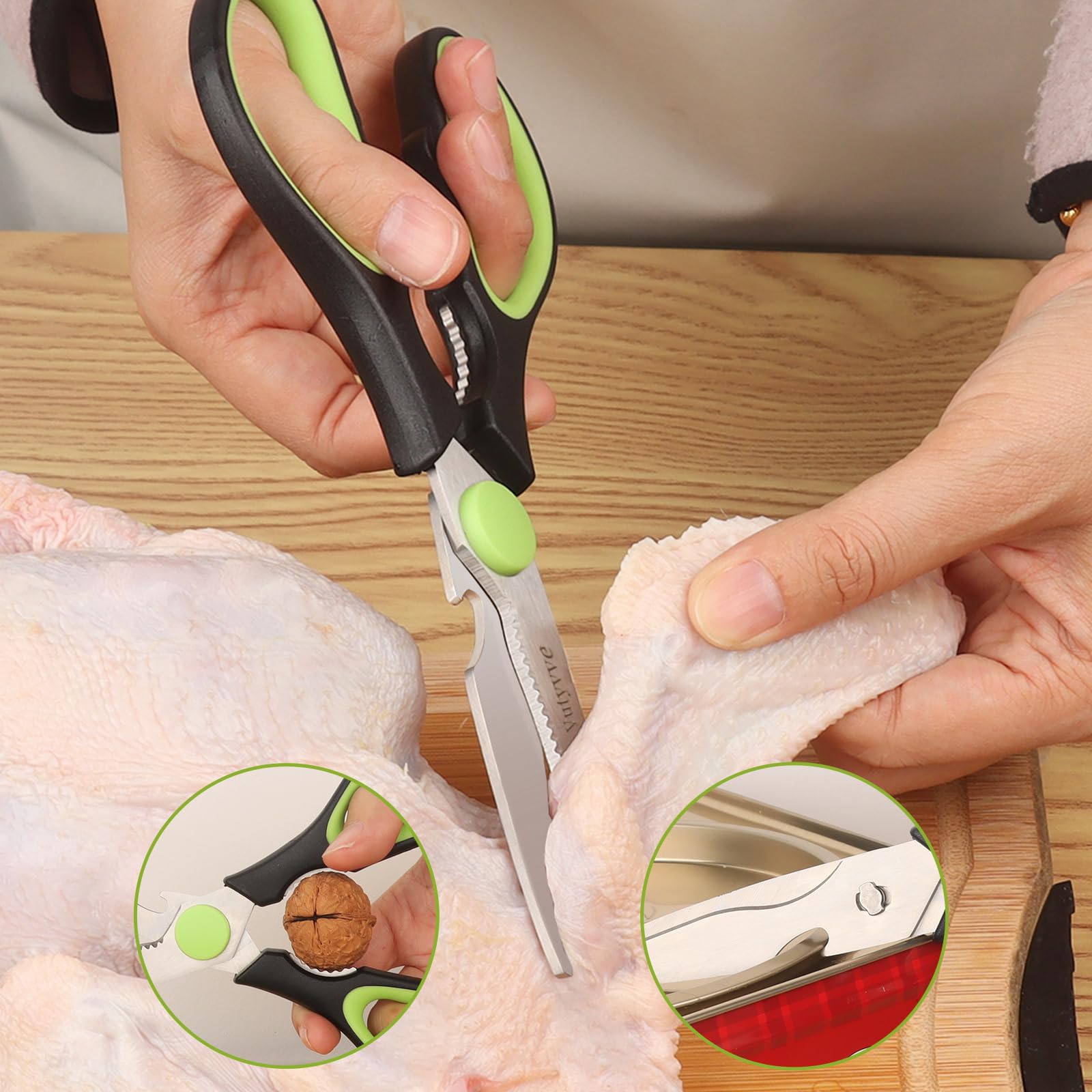 Vutyvve Kitchen Scissors, Stainless Steel Blades, Soft Grip, Multi-Purpose Heavy Duty Kitchen Scissors Set, Black/Green, 4 Piece Set