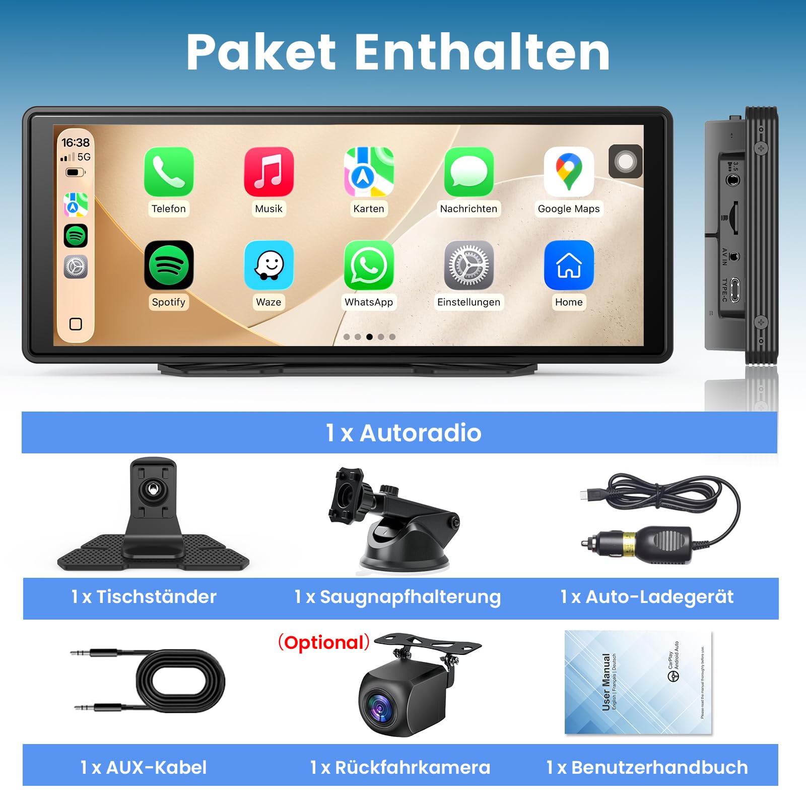 CarPlay Bildschirm, Wireless Android Auto Display mit Touchscreen, GPS Navigation, Bluetooth Freisprecheinrichtung, MirrorLink, Tragbare Multimedia für Auto PKW LKW Womo (9,26 Zoll mit Rückfahrkamera)