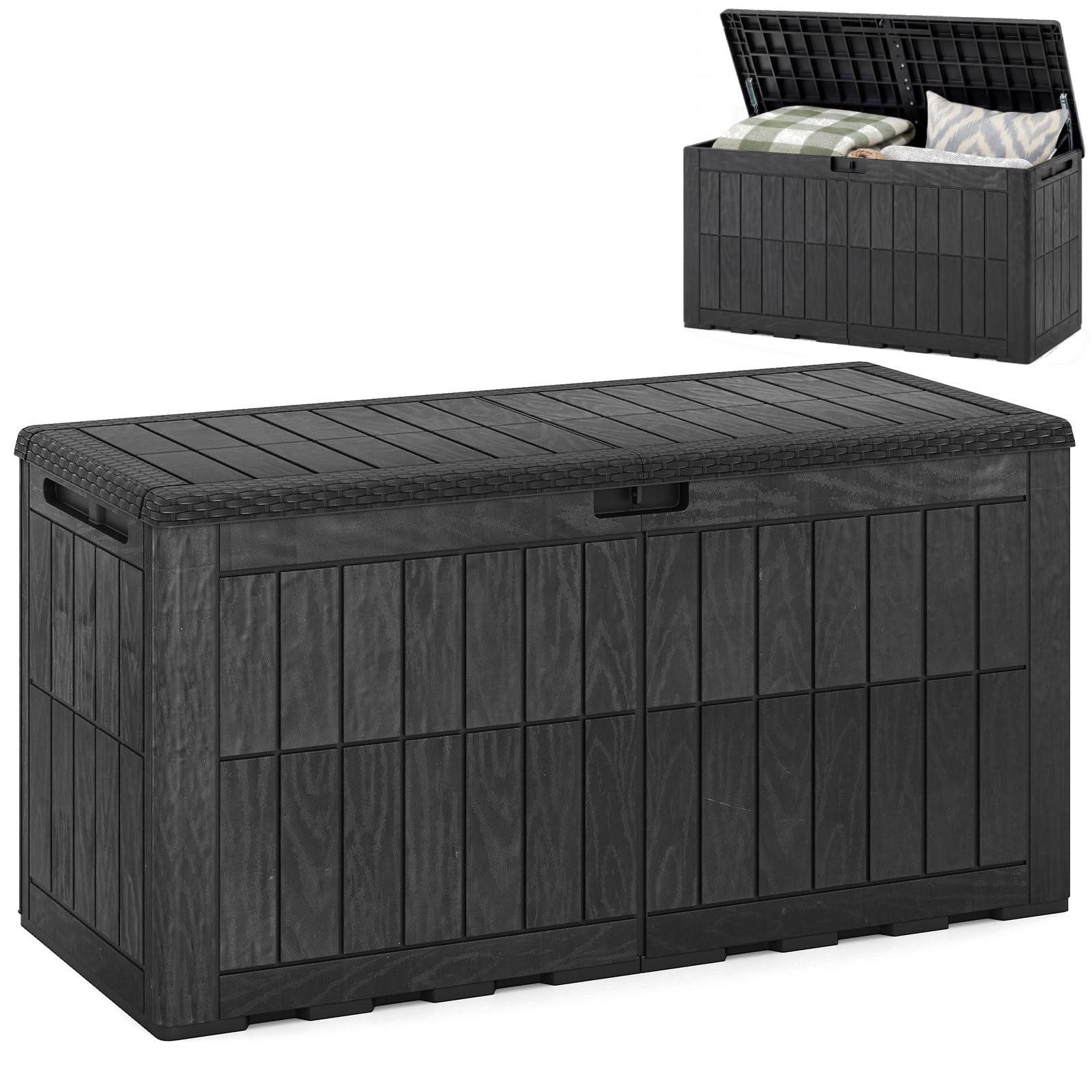 COSTWAY Garden Storage Box, Waterproof Resin Deck Box Bench with Lockable Lid & Handles, Grooved Texture Outdoor Patio Storage Container for Cushion Tool Toy (Black,380L)