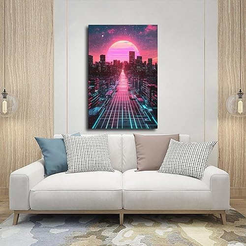 Miniatura 5 de Synthwave Vaporwave Wall Decor  Neon Pink Blue Retro Futuristic Poster Print Canvas Posters Wall Art Bedroom Office Room Decor Gift