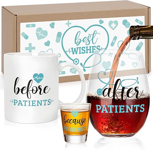 Nefelibata Before Patients After Patients - Juego de taza de café de 11 onzas, vaso de vino sin tallo de 18 onzas, vaso de chupito de 2 onzas para