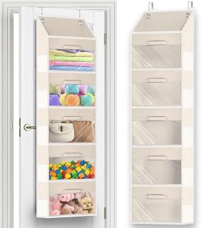 Ofiray-home Over Door Organizer with Drawers, 5-Tier Hanging Storage, Removable Bins & 10 Side Pockets. For Closet, Baby Items, Yarn, Bedding, Clothes, Toys, Towels - Beige