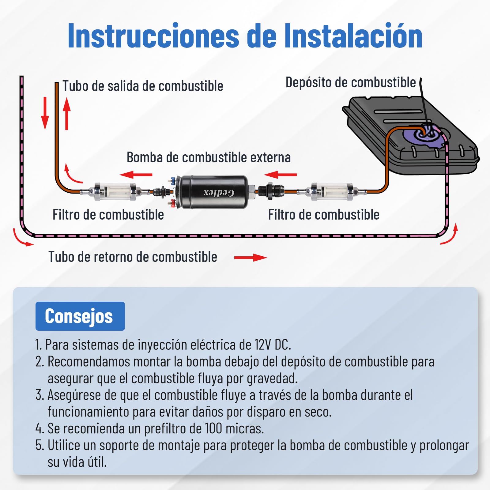 Bomba Gasoil, 300L/H Universal Bomba Gasolina de Alto Flujo, 75 PSI Bomba de Gasolina 12V Alta Presion, Bomba Combustible Coche con Collarín de Choque per Gasolina