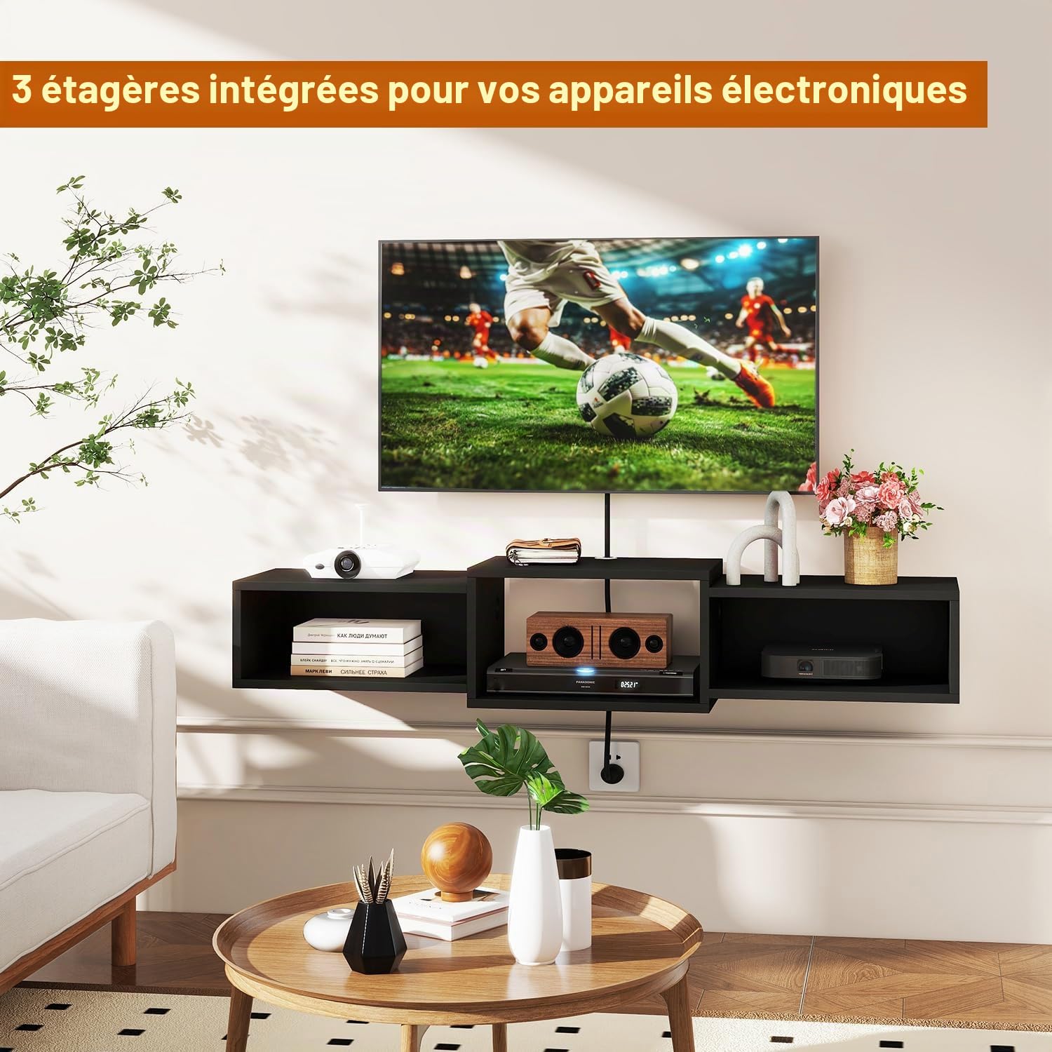 IBUYKE WST013B Support TV flottant à fixation murale, meuble TV en bois, étagère flottante pour rangement sous TV pour salon, chambre à coucher, bureau, noir