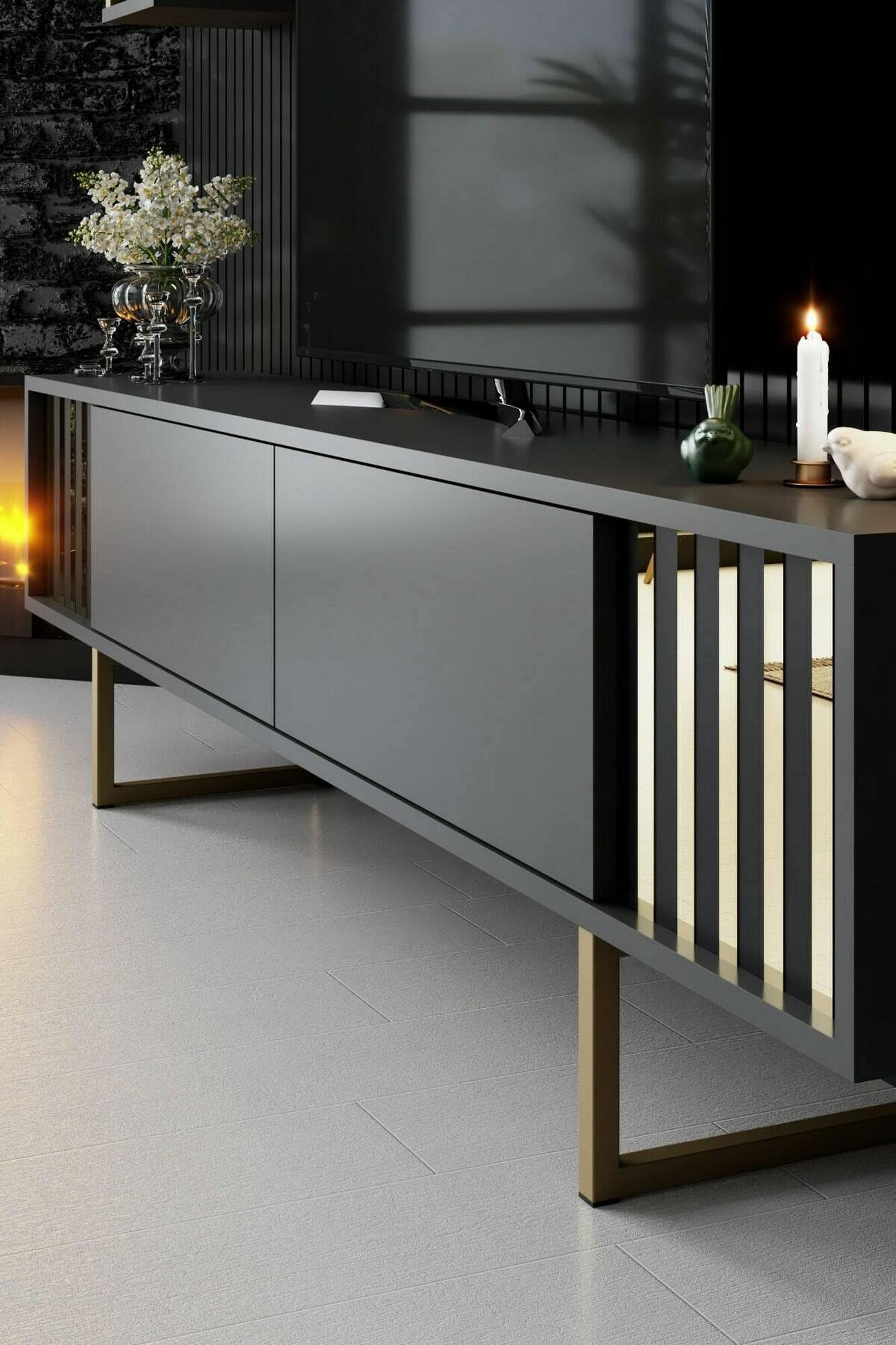 Dmora - Mobile porta TV Eunomia, Credenza da soggiorno, Armadio basso per TV, Base parete attrezzata, 180x30h48 cm, Antracite e Nero