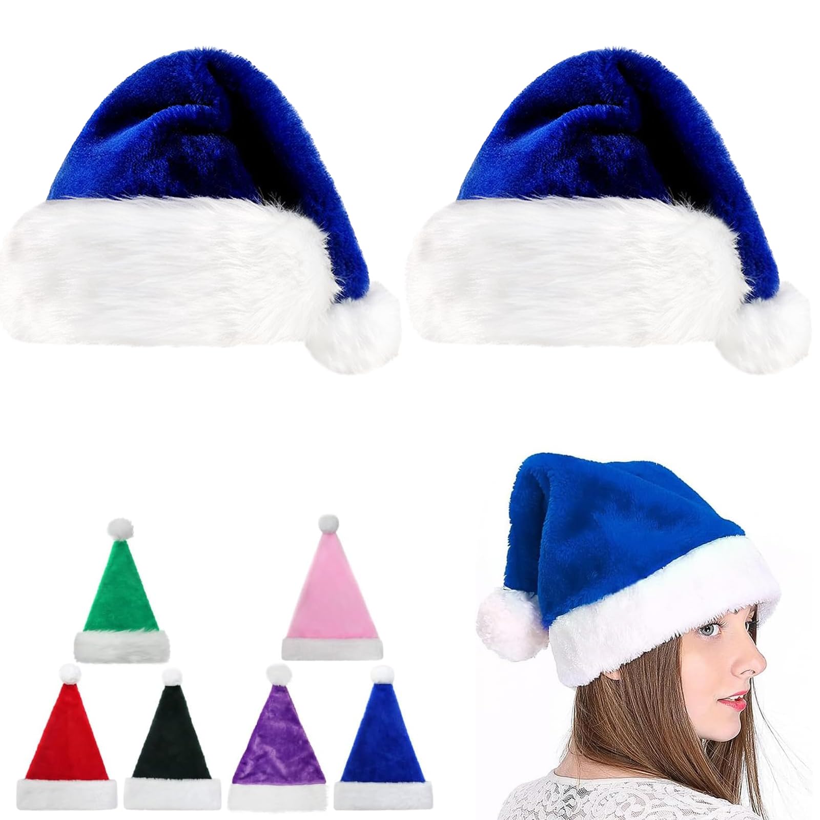 45cm Christmas Hats Santa Hat for Adults,2 Pcs Deluxe Velvet Xmas Santa Claus Hat,Unisex Velvet Comfort Christmas Party Hat Thicken Classic Fur for New Year Festive Christmas Party Supplies(Blue)