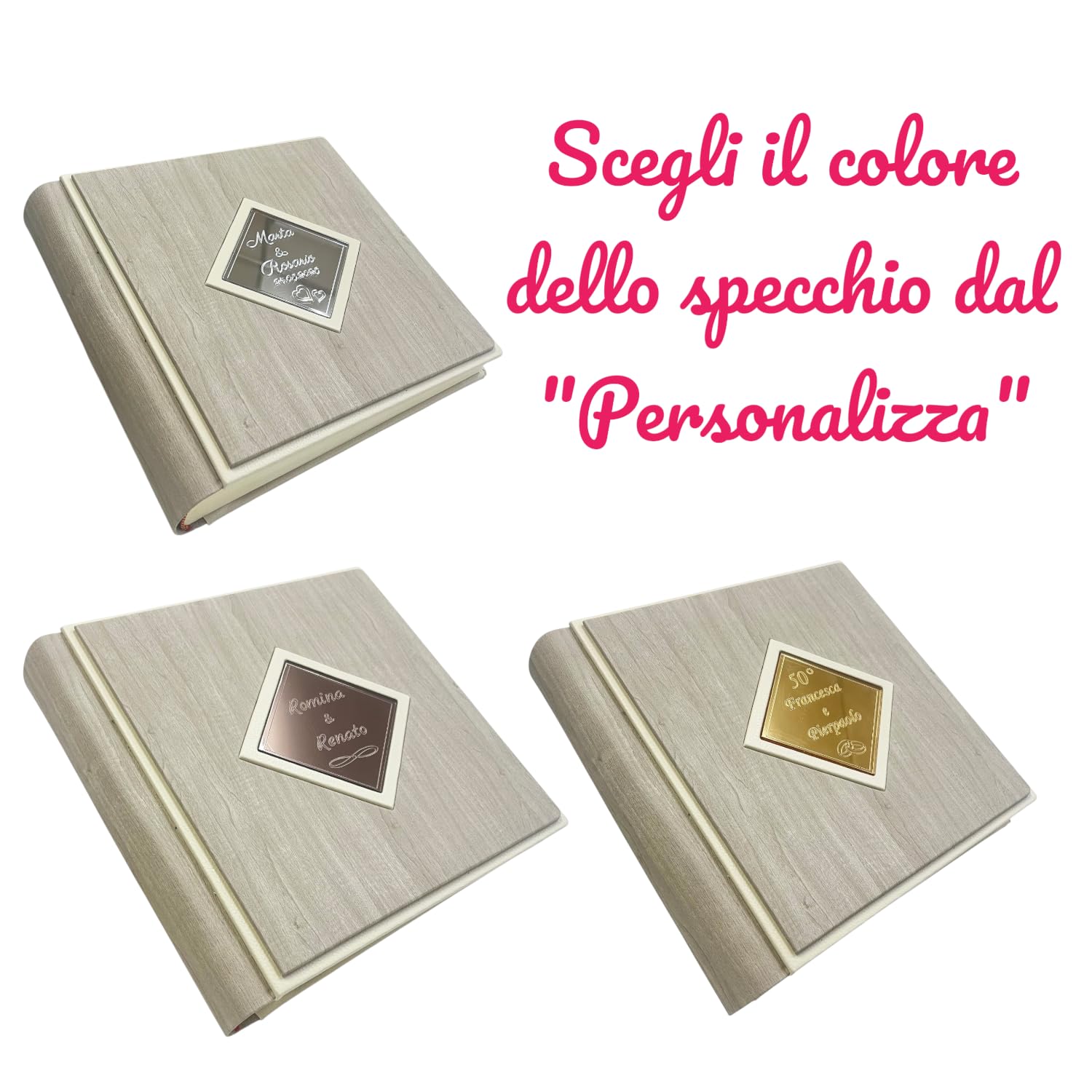 Album Fotografico Artigianale -Zenith Onda- in ecopelle effetto legno con profili a contrasto, Rombo centrale a specchio Personalizzabile, Matrimonio,Anniversario,Comunione,Eventi (Ghiaccio)