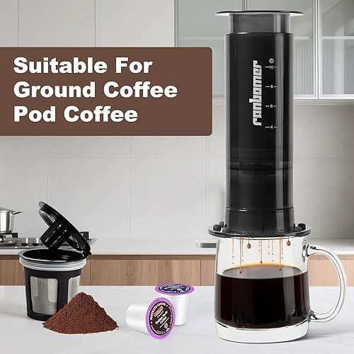 Miniatura 3 de Cafetera de prensa francesa, 2 en 1, compatible con K Cup, cafetera portátil para café molido, negro, capacidad de 10 onzas, para campamento, viajes