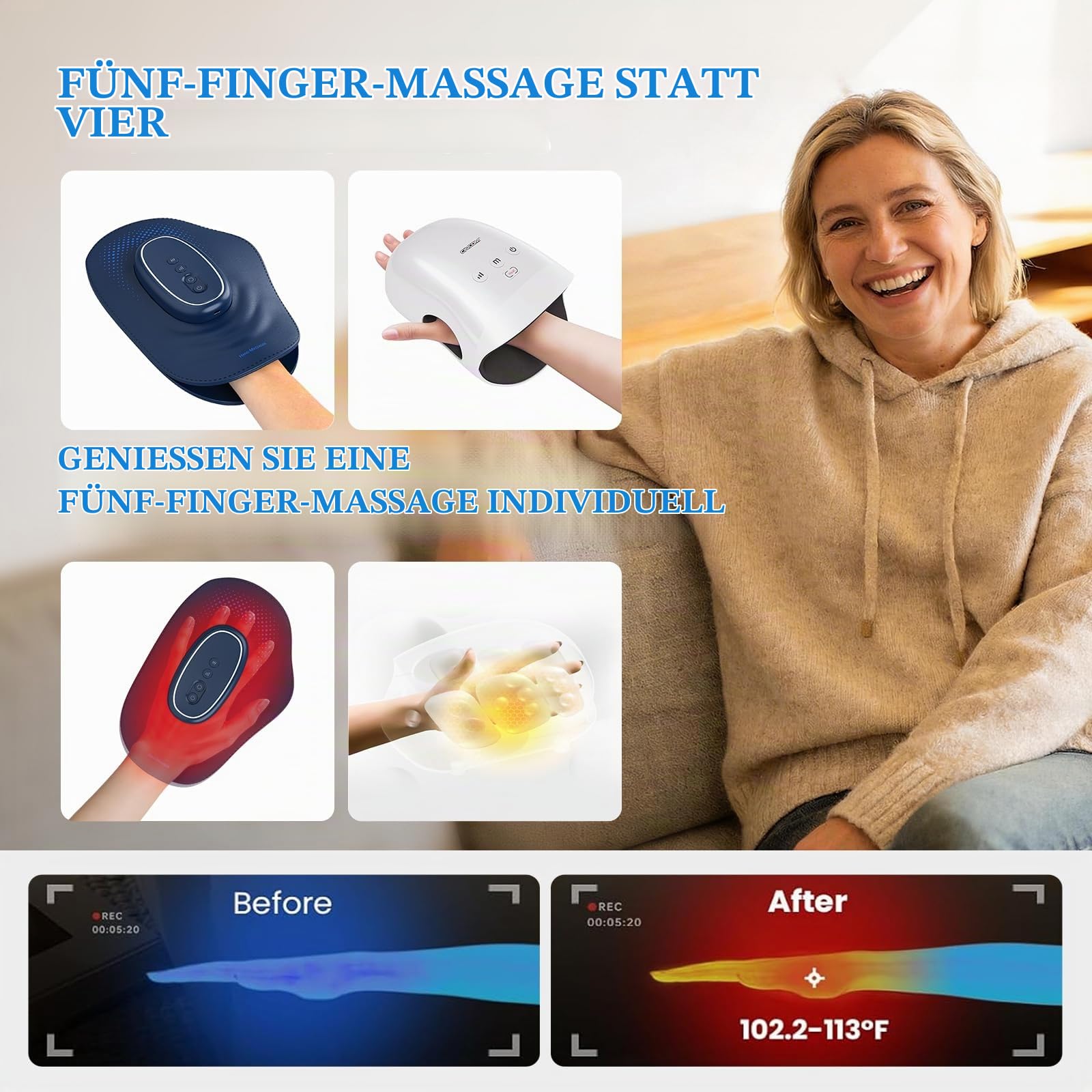 Handmassagegerät Schnurloses mit Wärme & Kompression,Handmassagehandschuh mit 3 Modi,3 Intensitäten & 3 Wärmetherapien zur Linderung von Arthritis-Karpaltunnel Schmerzen,Geschenke für Frauen,Männer