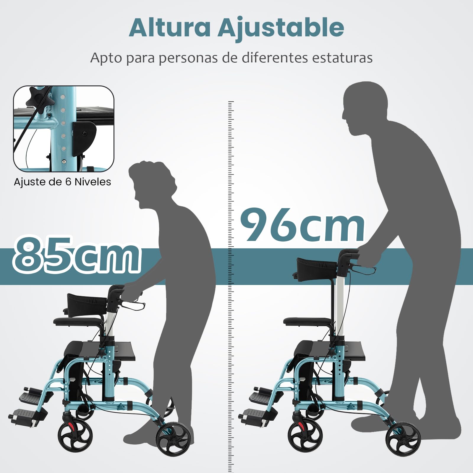 GOPLUS Andador con Ruedas de Aluminio 2 en 1, Andador Plegable con Cuatro Ruedas y Respaldo, Asas Ajustables con Frenos, Reposapiés, Soporte para Bastón, Ayudante para Personas Mayores (Azul)