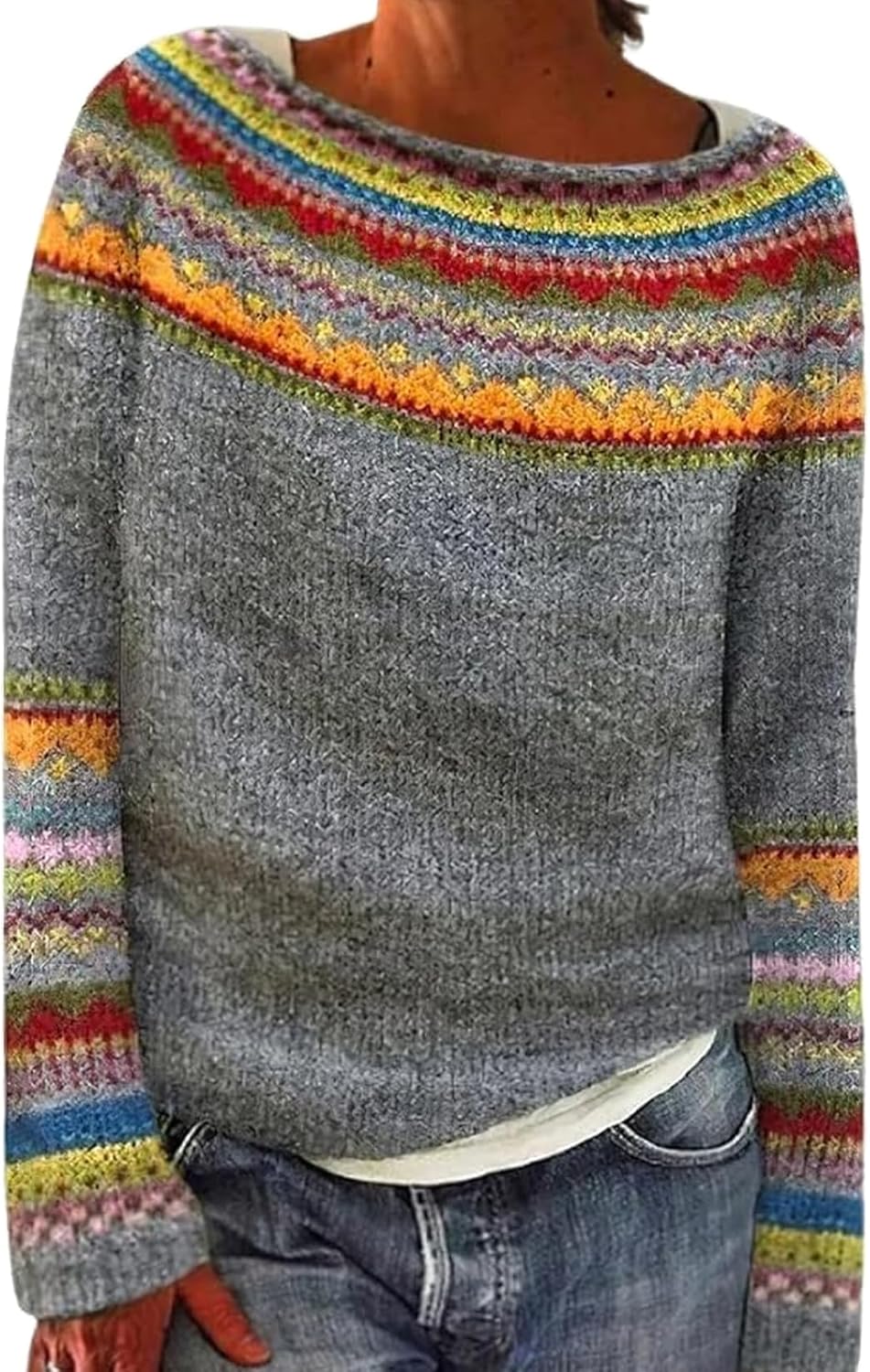 Fair Isle Sweater for Womens Winter Long Sleeve Vintage Knitted Sweater Casual Fall Crew Neck Pullover Sweaters