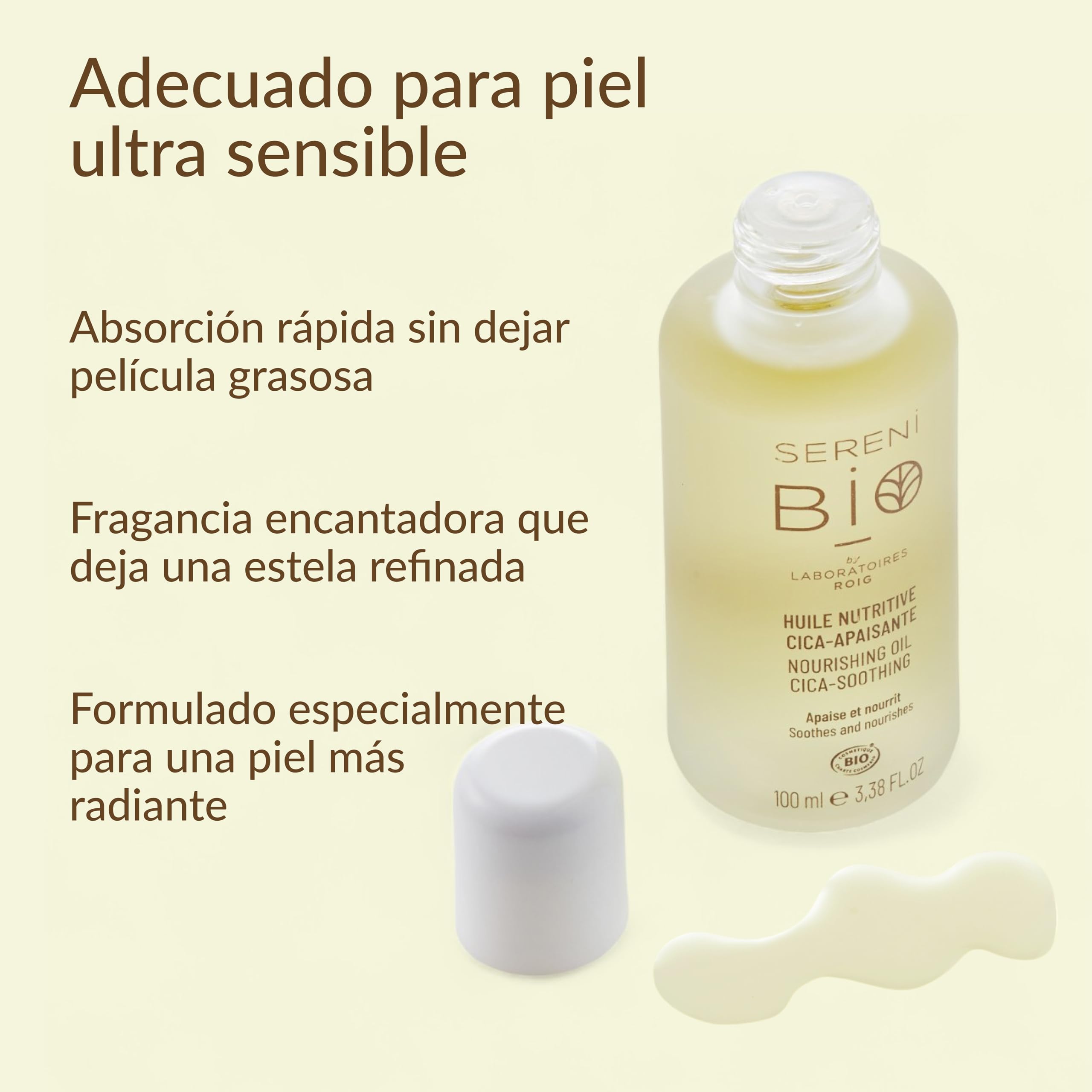 Sérénibio Aceite Nutritivo Centella Asiática - Cuidado Facial Profesional Certificado Bio, Vegano y de Comercio Justo - Calma Nutre - Aceite Hidratante para Pieles y Cabellos Ultrassensibles - 100 ml