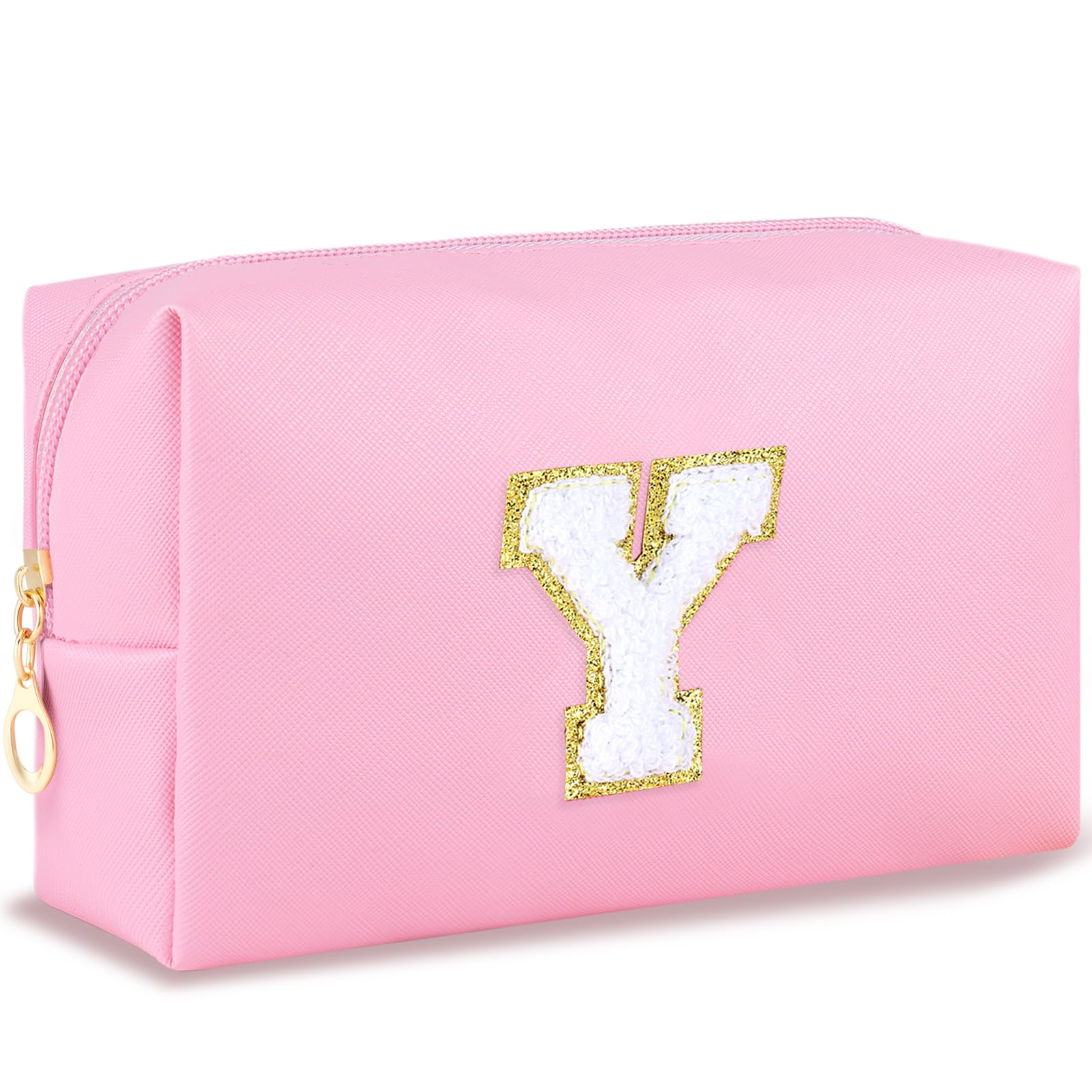 URSKYTOUS Initial Makeup Bag Personalized Preppy Travel Small Cosmetic Bag Cute PU Pink Chenille Letter Makeup Pouch for Purse Waterproof Zippered