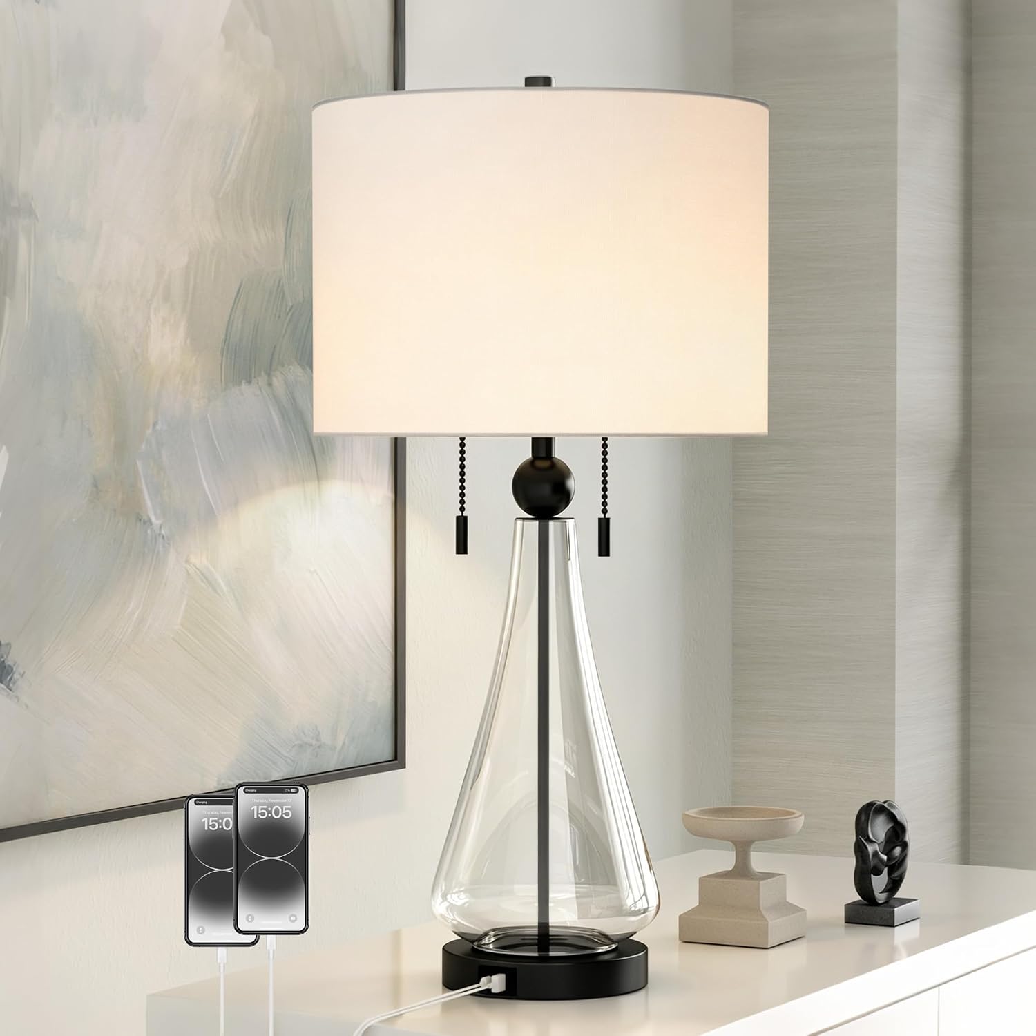 Maxax 28" Glass Table Lamp for Living Room, 2-Lights Black Bedside Lamp with USB A+C Ports, Modern Clear Glass Bedroom Lamp with White Shade for Nightstand