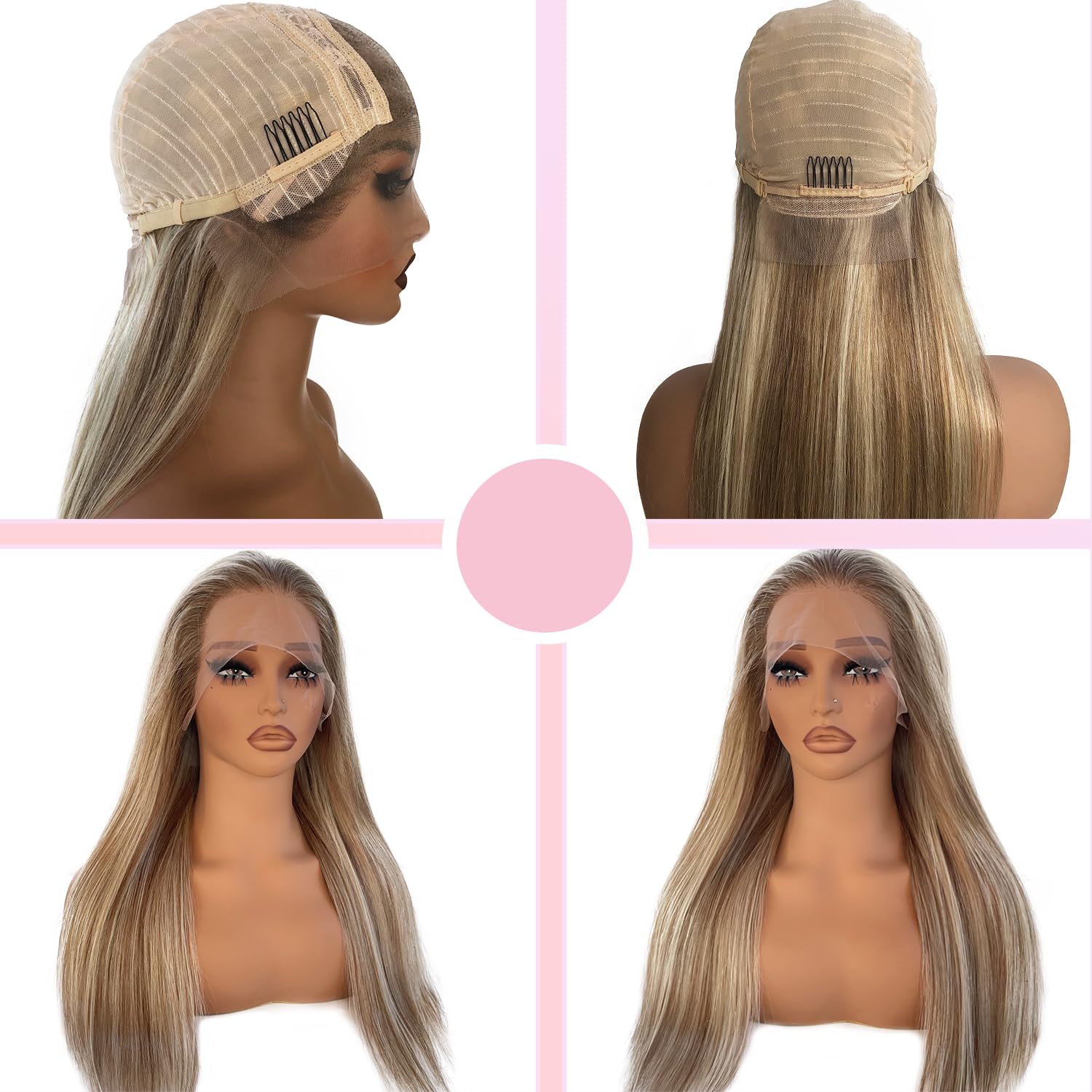 Ombre Ash Blonde Wig Human Hair Glueless 13x4 Lace Front Wigs Pre Plucked Long Straight Frontal Lace Wigs 180% Density 20 Inch Blonde Highlight Wig with Brown Roots