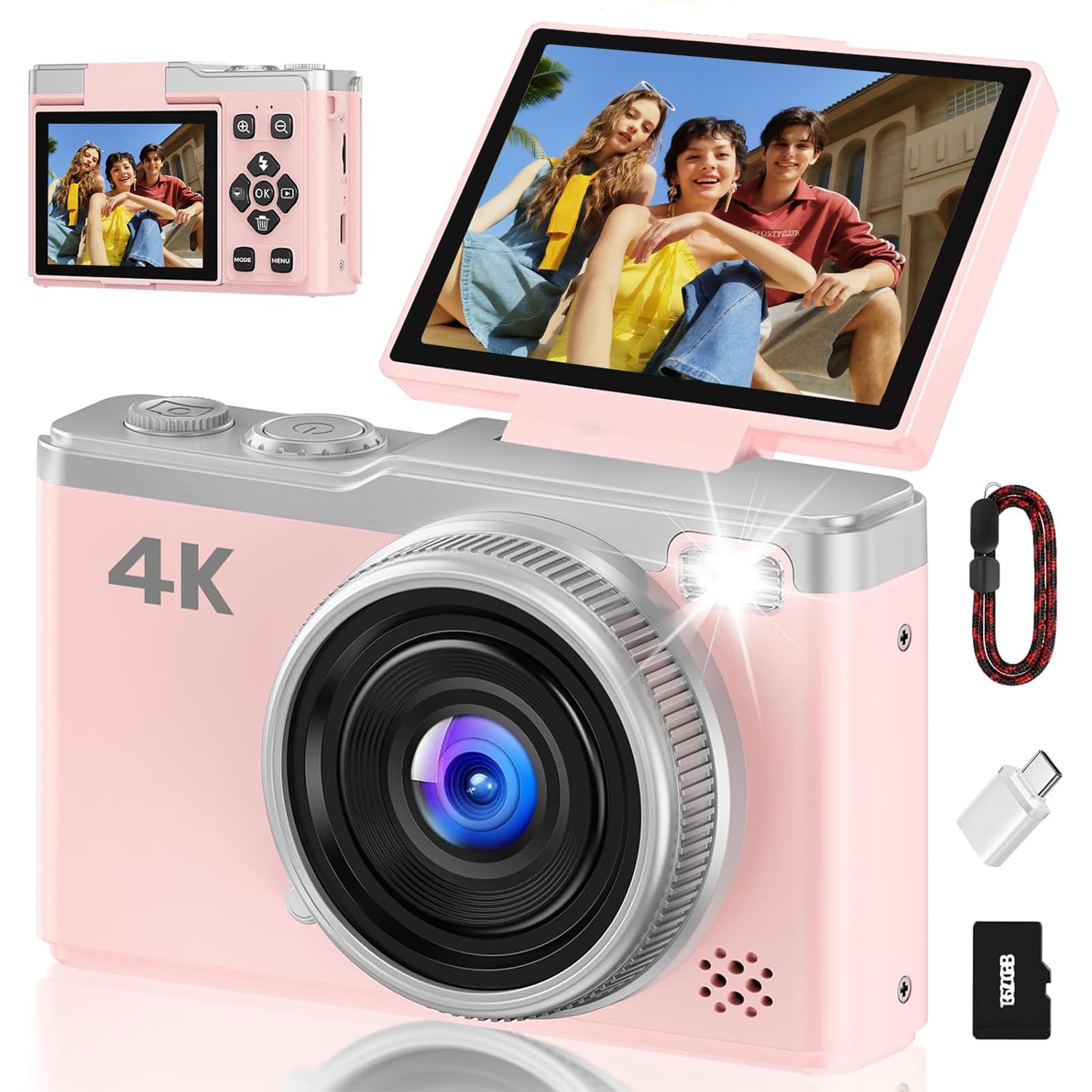4K Digital Camera for Photography, 64MP Point and Shoot Digital Cameras with 16X Digital Zoom, 2.4‘’ 180°Flip Screen Compact Travel Camera Auto Focus Vlogging Camera for YouTube Video (Pink)-image-29