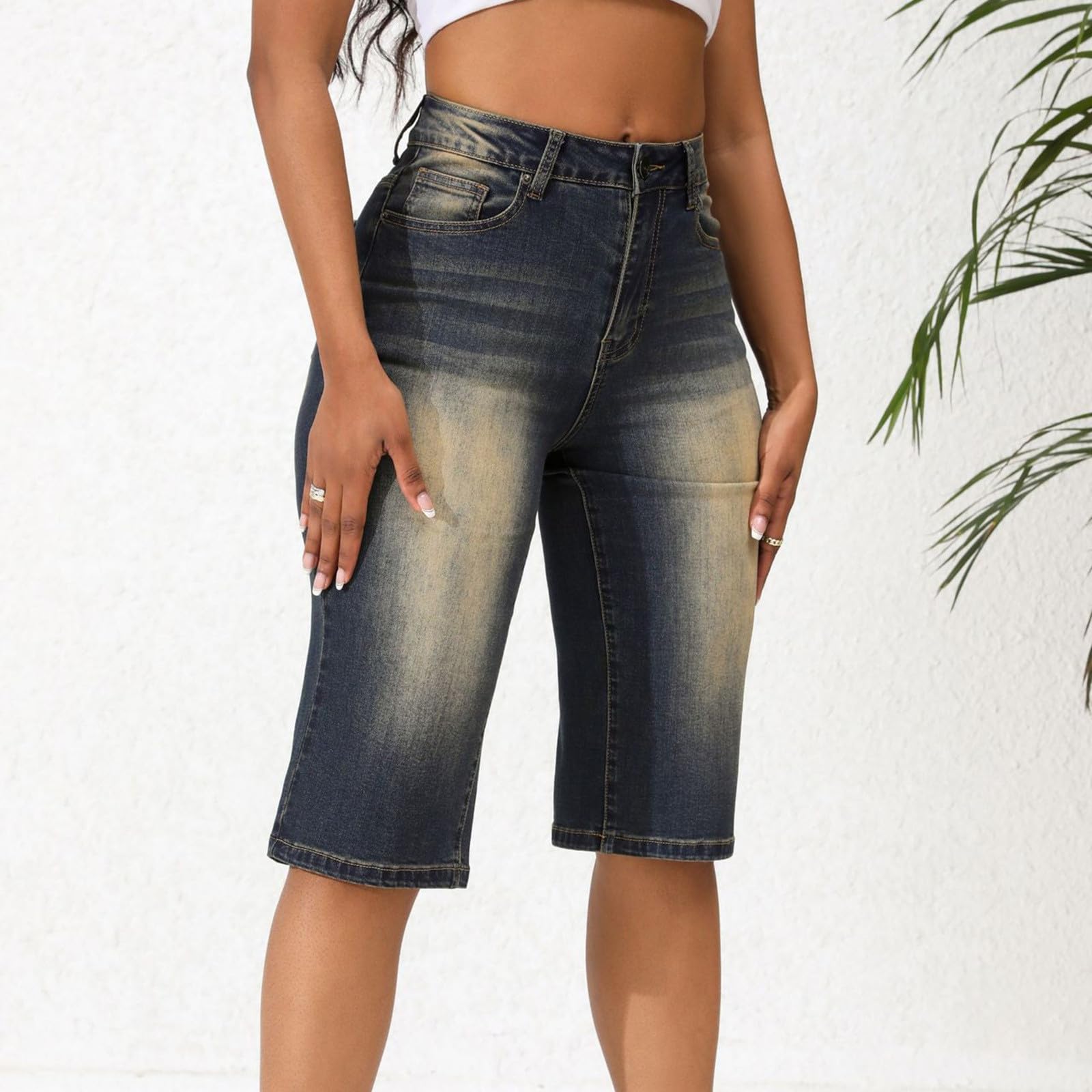 Pantalon 3/4 pour femme - Jambe large - Pantalon en tissu denim léger - Pantalon d'été décontracté - Bermuda court stretch Y2K Streetwear - Pantalon de loisirs avec poches