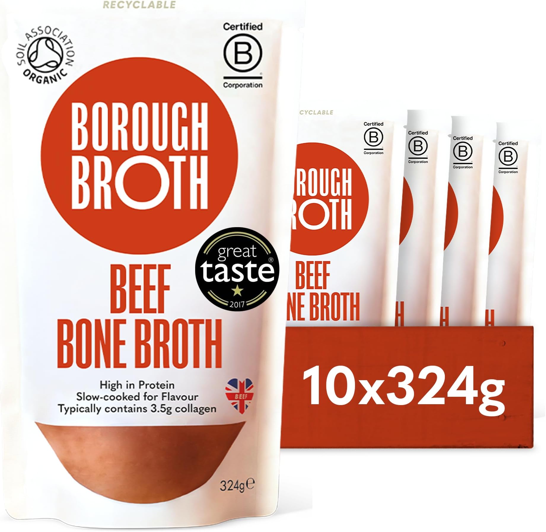 Organic Beef Bone Broth by Borough Broth - High in Collagen for Healthy Skin & Joints - High Protein & Low Calorie - Gluten Free - Grass Fed - Perfect for Gravy & Soups - Delivered Chilled - 10 x 324g
