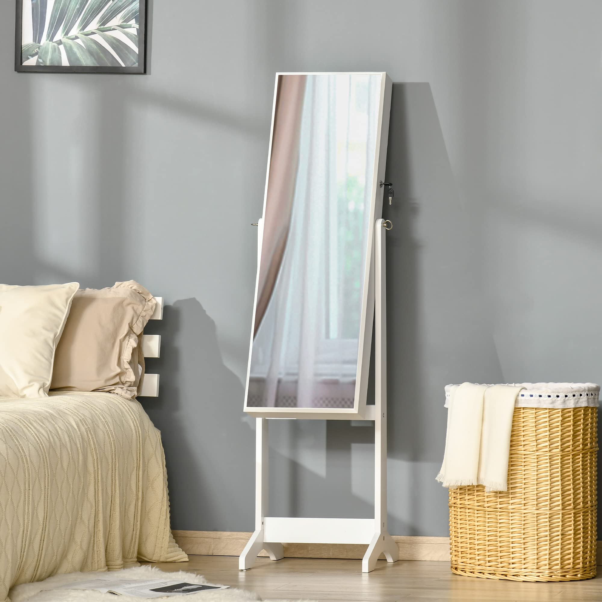 HOMCOM Espejo Joyero de Pie Armario de Joyería con 3 Ángulos Ajustables Cerradura Magnética Blanco y Forro Negro