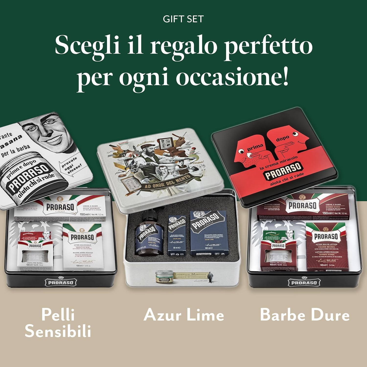 Proraso Set Vintage Selection Pelli Sensibili, Set regalo uomo con Crema Pre Barba 100 ml, Sapone Barba 150 ml e Balsamo Dopobarba 100 ml, Cofanetto regalo uomo, Set regalo natale Made in Italy