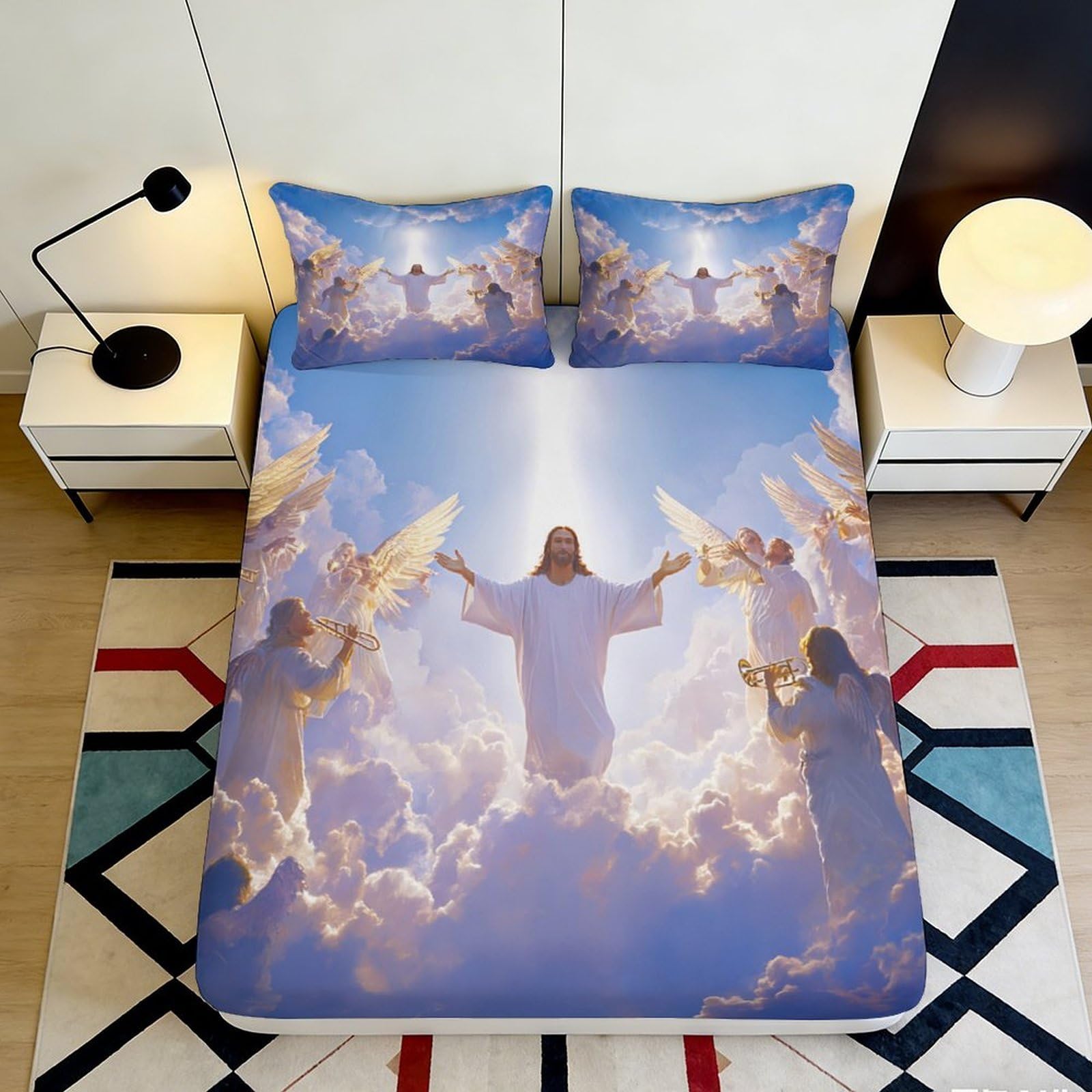 3D Printed Angelic Cloud Fitted Sheet Microfiber Soft Breathable Heavenly Sky Bed Cover for Bedroom Dormitory Guest Room Mattress Protection Decor 90x200x25cm