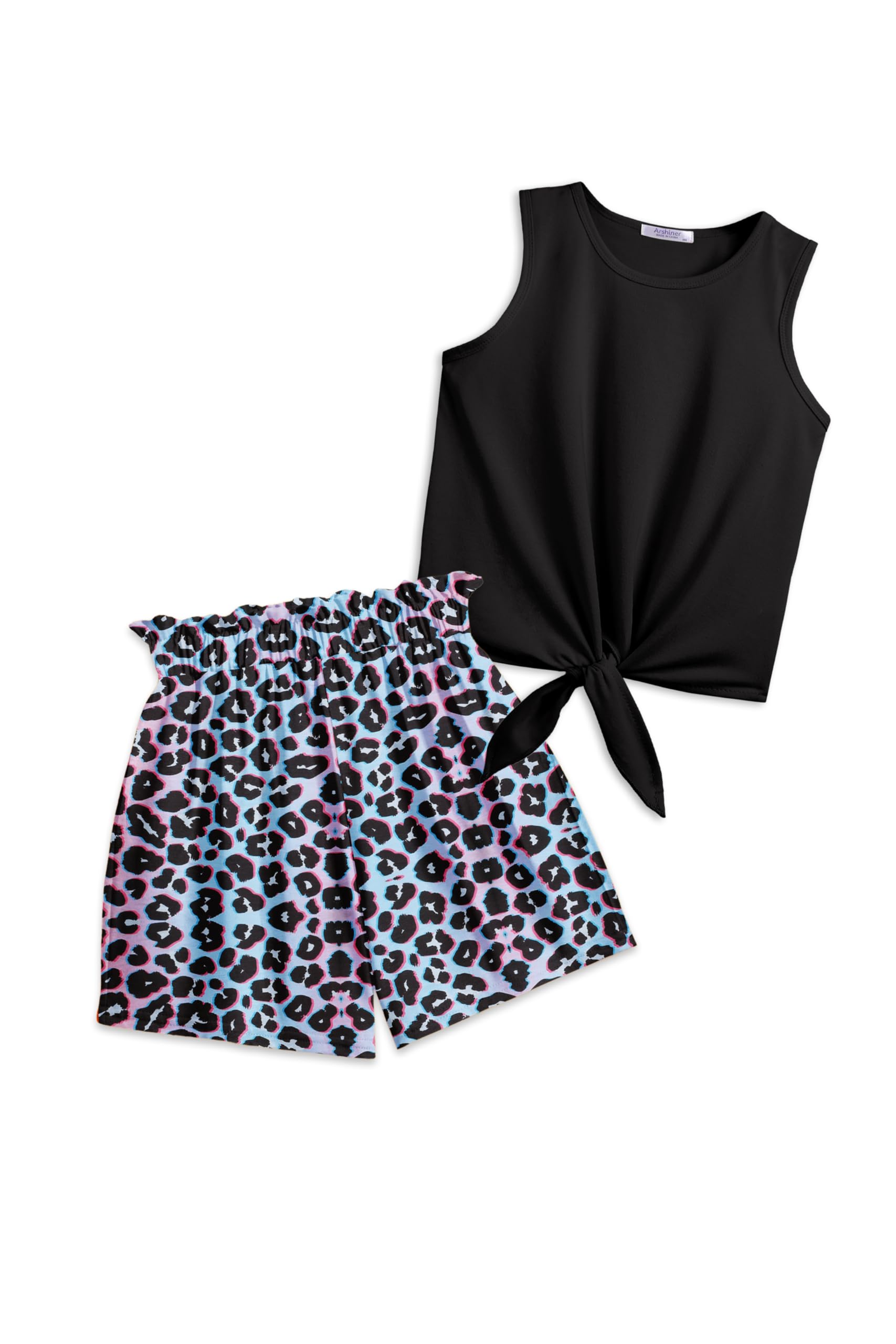 Arshiner Girl's 2 Piece Outfits Tie Knot Tank Top and Paperbag Waist Pocketed Summer Short Sets