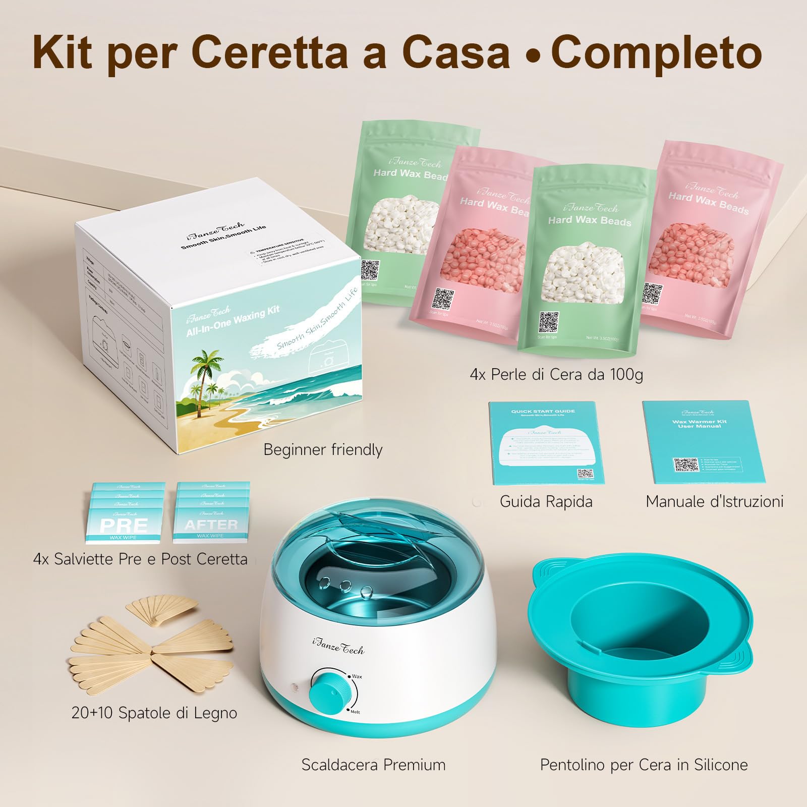 Scaldacera Cera Brasiliana Kit: Scalda Cera per Ceretta, 400g Cera, 42 Accessori per Depilazione per Uso Domestico e in Salone, per Tutto il Corpo, Sopracciglia, Viso, Bikini, per Donna e Uomo, Blu