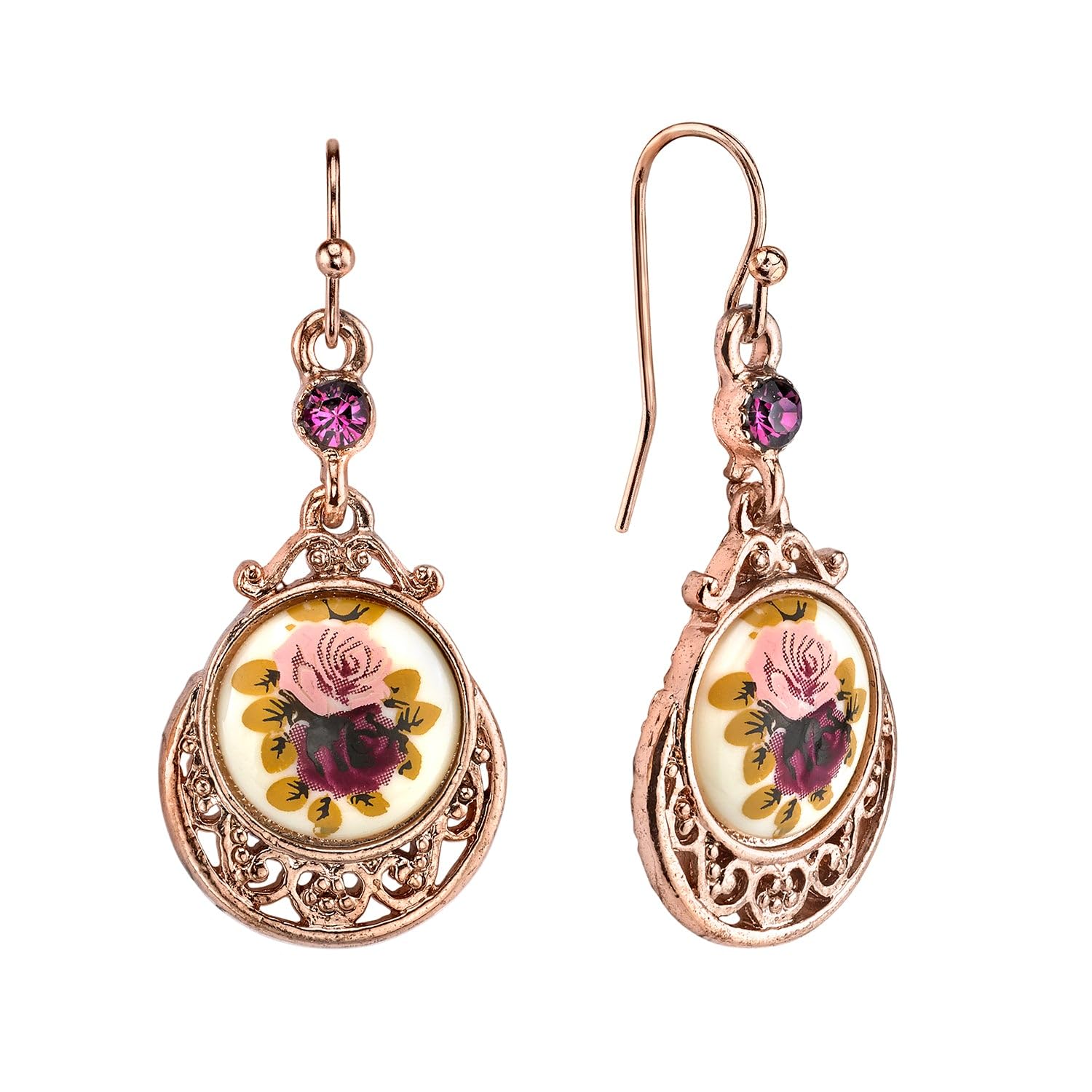 1928 Jewelry Manor House Purple & Pink Rose Flower Amethyst Crystal Drop & Dangle Earrings, Romantic Roses Vintage Victorian Inspired Aesthetic, Rose Gold Tone, Made In USA