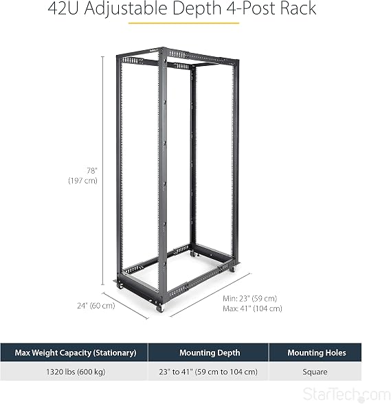 StarTech 42U 4-Post Open Frame Rack, 19in, 22-40in, 600kg/1323lb