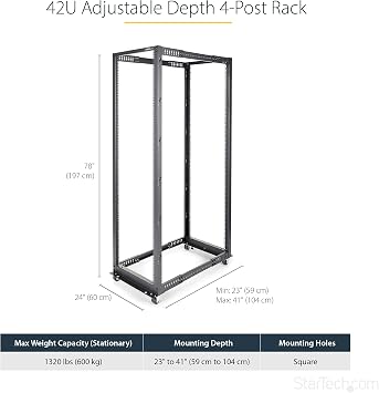 StarTech 42U 4-Post Open Frame Rack, 19in, 22-40in, 600kg/1323lb