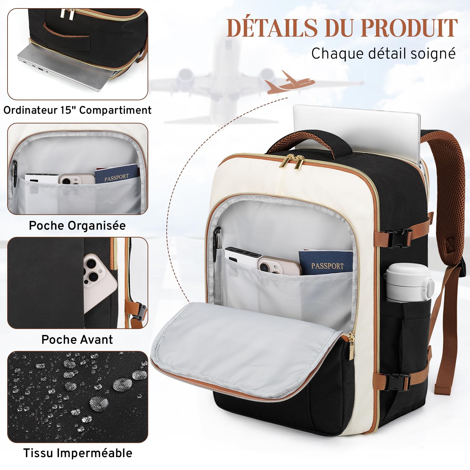 ETRONIK Sac de Voyage, 24L Sac à Dos Voyage Cabine Avion pour Ryanair Easyjet Transavia & Wizzair, Bagage Cabine 40x30x20 avec Poche Humide, Sac Voyage Ordinateur Portable 15 Pouces Homme Femme