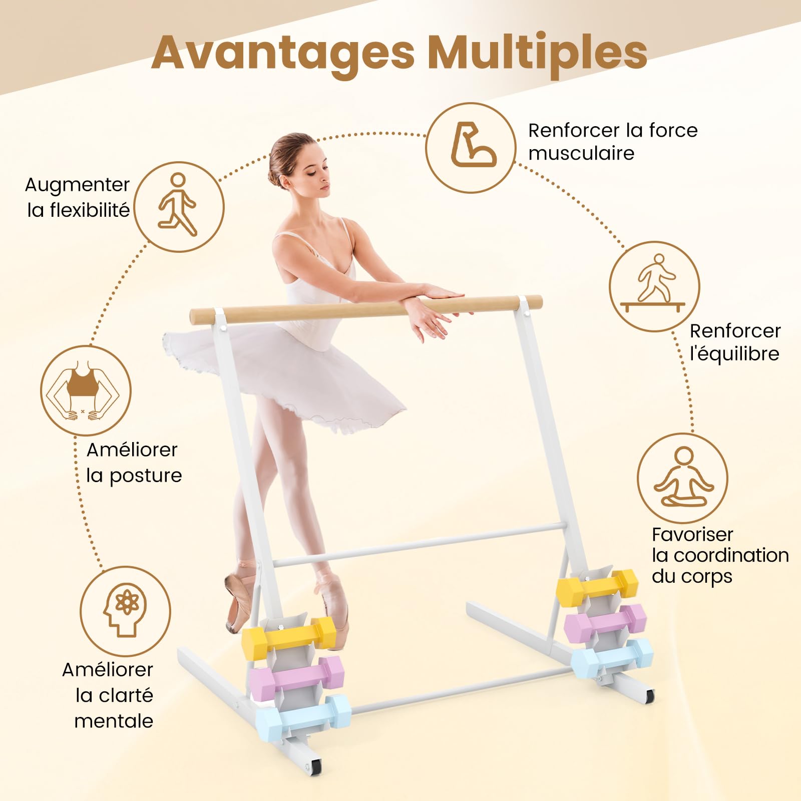 COSTWAY Barre de Danse Classique Autoportante Charge 80KG, Barre de Ballet Extensible sur Pied Support en Métal avec Roues et Supports de Poids, Pose Libre pour Yoga, Exercice