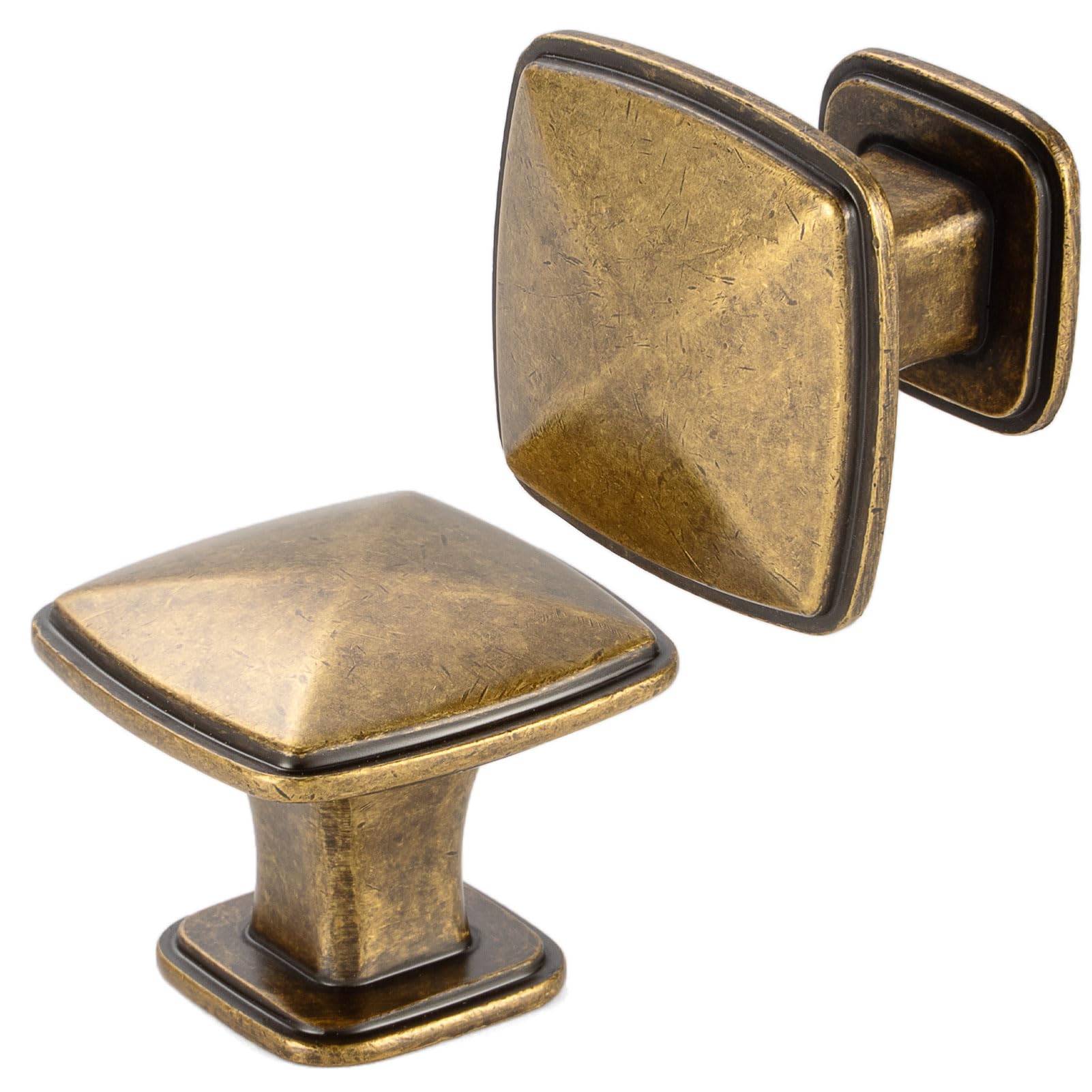 BEROSSA Antique Brass Cabinet Knobs Vintage Brass Drawer Knobs, 10 Pack 1-1/4 Inch, 1990 Square Single Hole Cabinet Pulls for Kitchen Cabinets Drawers