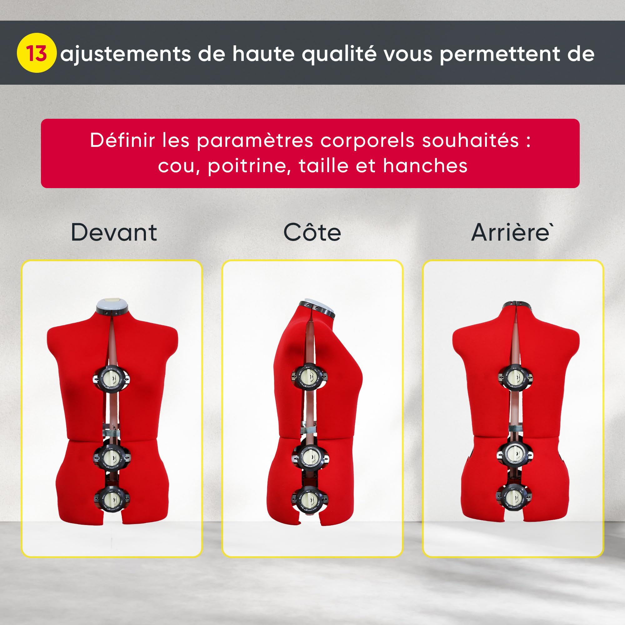 EFFEKTIV - Mannequin Couture Femme pour Exposition de Couturières, Mannequin Couture Femme Reglable en Hauteur, Design Ergonomique avec Fixateurs, 13 éléments, Taille S-L (36 - 44 Euro), Rouge