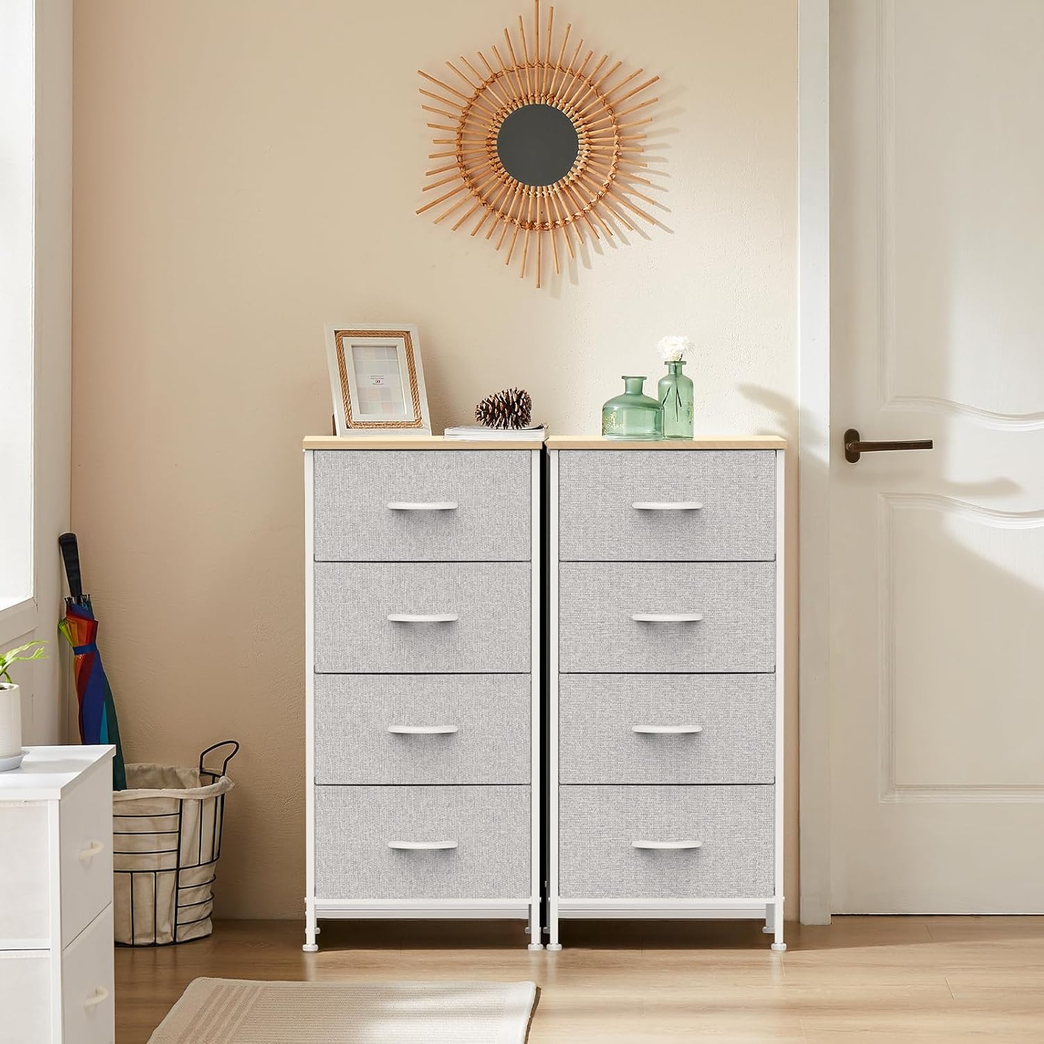 DUMOS Nightstand with 4 Drawers Bedside Table with Removable Fabric Bins Sturdy Steel Frame Wood Top Organizer Furniture for Bedroom Closet Living Room,Light Gray - Image 8