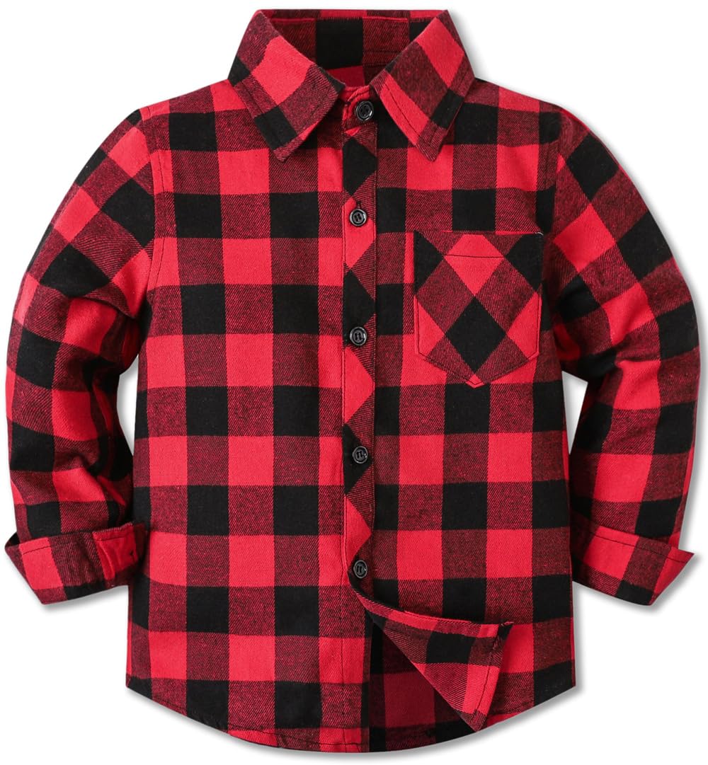 Cromoncent Boys Long Sleeve Flannel Plaid Shirt Button Down Shirts 3-6 Months Buffalo Red