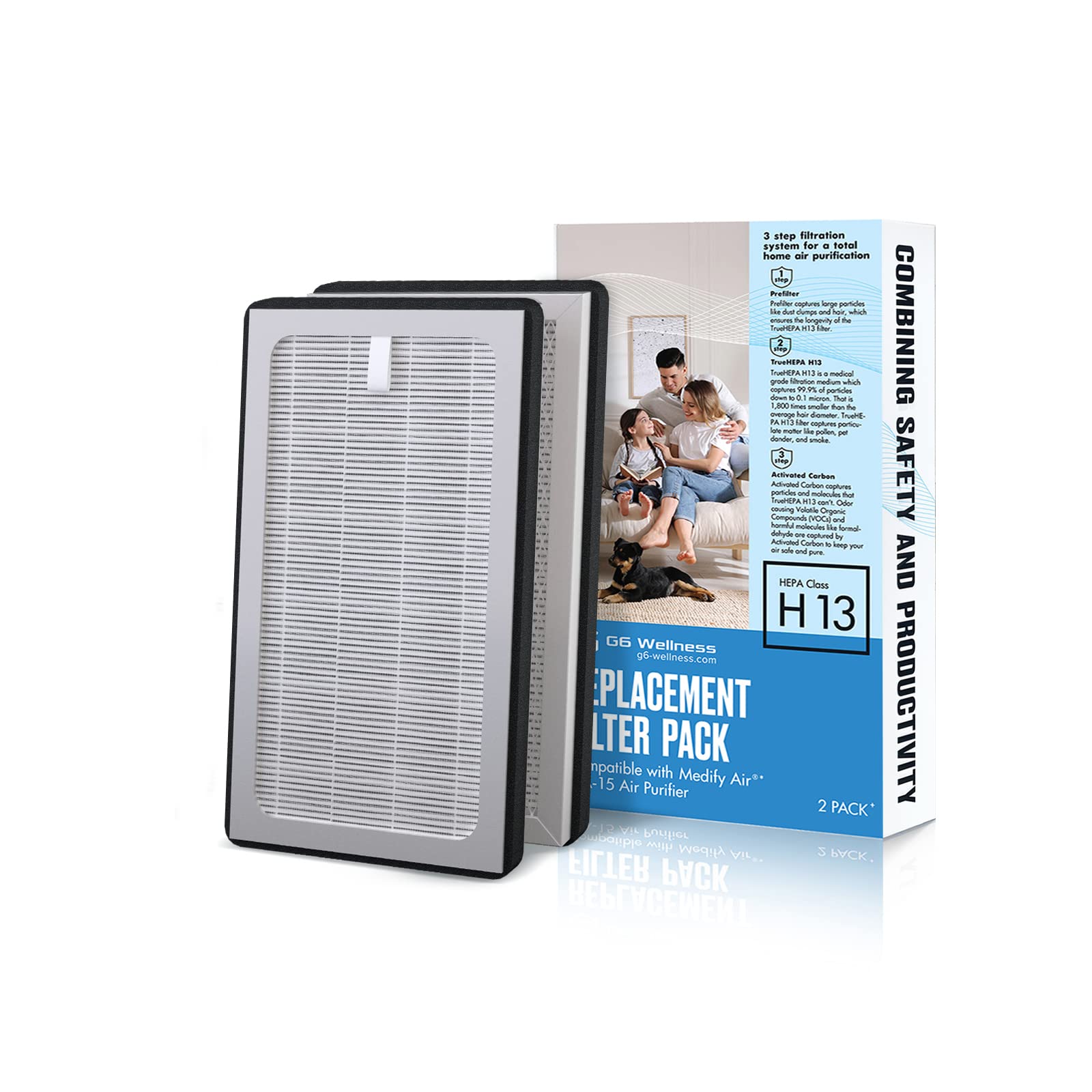G6 WellnessH13 HEPA 2-Pack Replacement Filter Set Compatible with MA 15 Air Purifier | 3 in 1 Filtration | Medical Grade True HEPA Filter H13 | Activated Carbon | Pre-Filter
