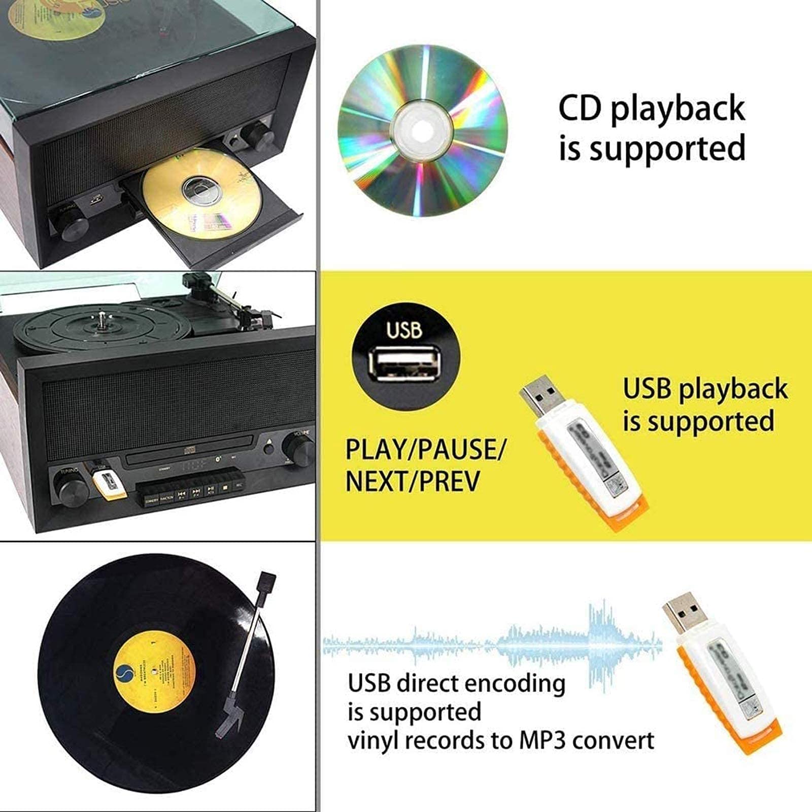 Retro Vinyl Record Player Vinyl CD All-in-One Home Multi-Fonction Player Bluetooth U Disk Radio Radio kxtmm