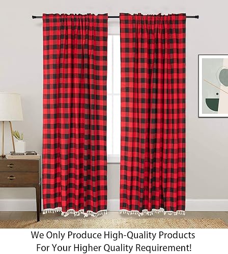 Miniatura 10 de ShinyBeauty Cortinas a cuadros de búfalo negro, 2 paneles de 84 pulgadas de largo, cortinas a cuadros de granja, cortinas de algodón con borlas y