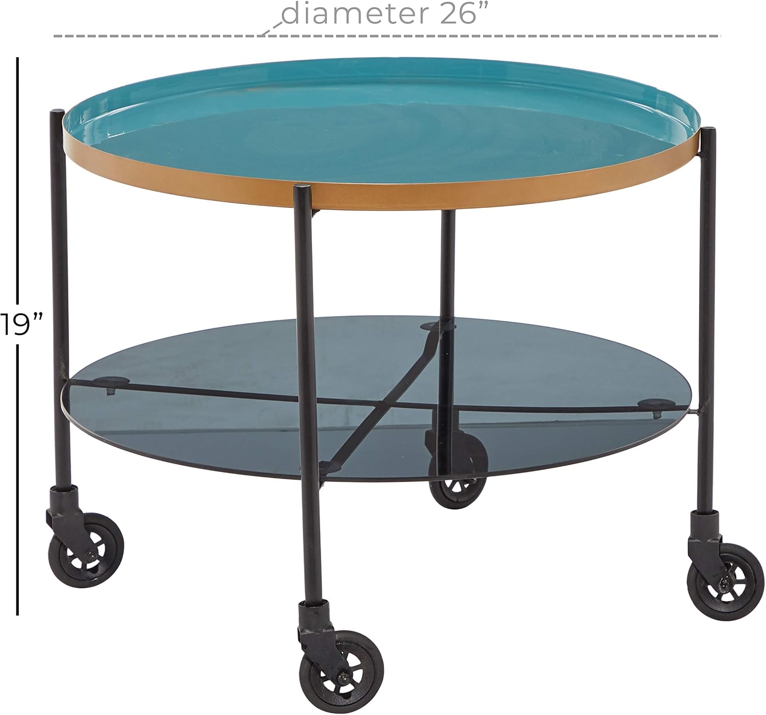 Deco 79 Round Black Metal Wheeled Coffee Table with Teal Enamel Tray Top and Tinted Glass Shelf, 26" X 19"