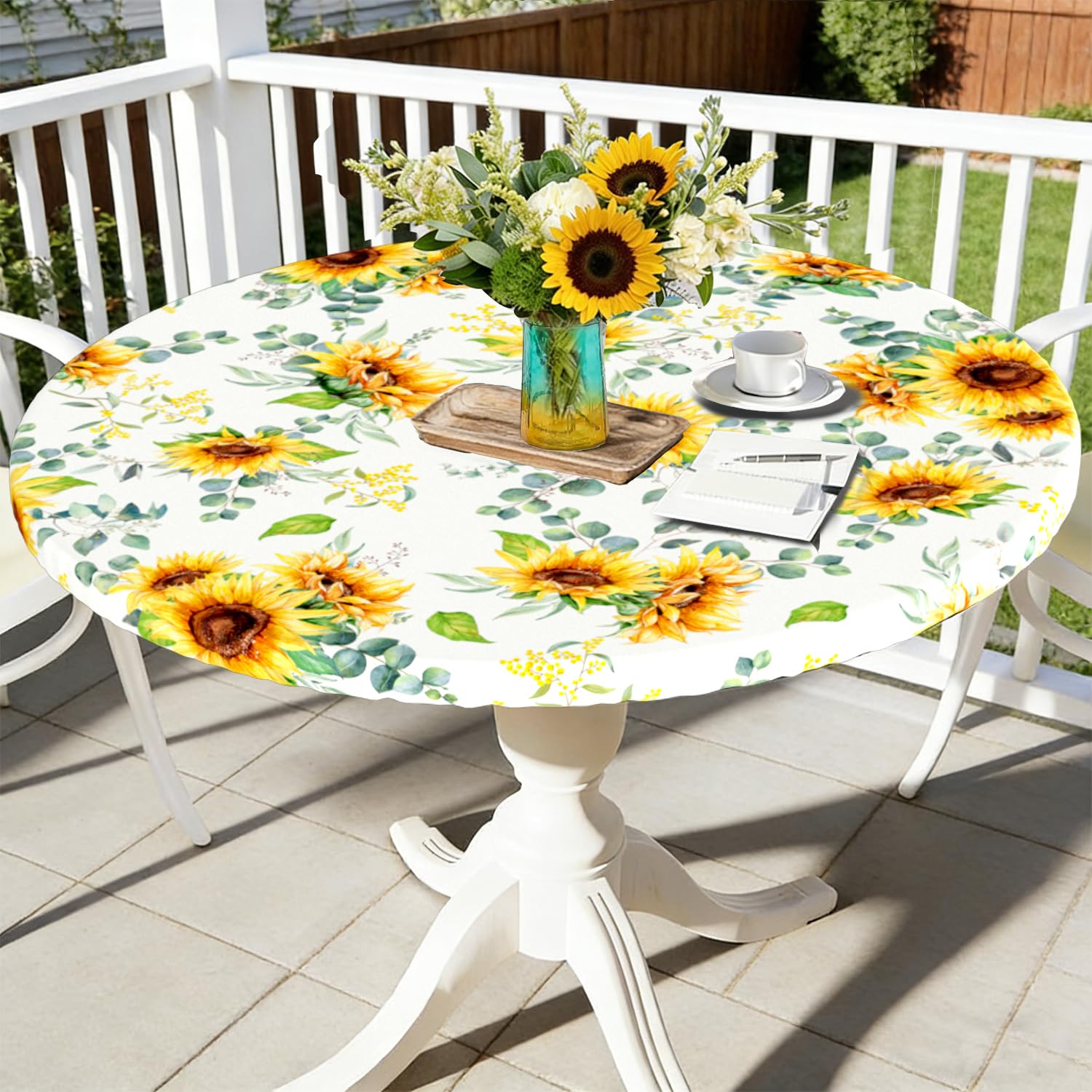 Virtumob Round Fitted Tablecloth with Elastic Edge Farmhouse Sunflower Outdoor Indoor Table Cloth Waterproof Wipeable Table Cover for Dinner Picnic Patio Decor (Suitable for 36"- 44" Round Tables)