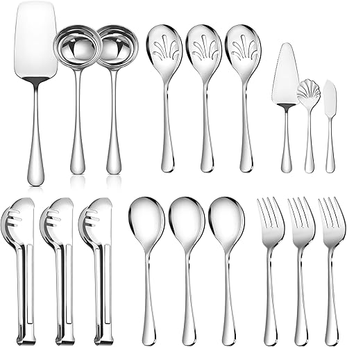 Miniatura 1 de Teivio Juego de utensilios grandes de acero inoxidable plateado de 18 piezas, incluye cucharas, tenedores, pinzas, cucharas ranuradas, cucharones de