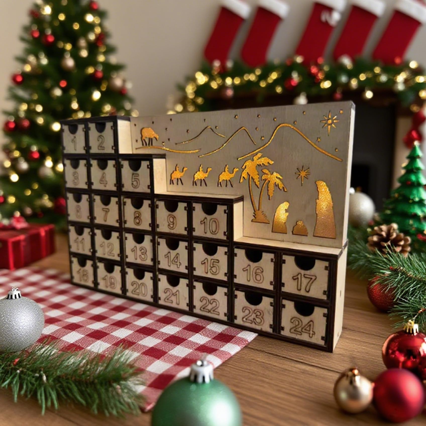 Calendario dell'Avvento in legno con cassetti LED Conto alla rovescia per 24 giorni Calendari dell'Avvento vuoti fai da te da riempire Riutilizzabili per decorazioni per feste natalizie..