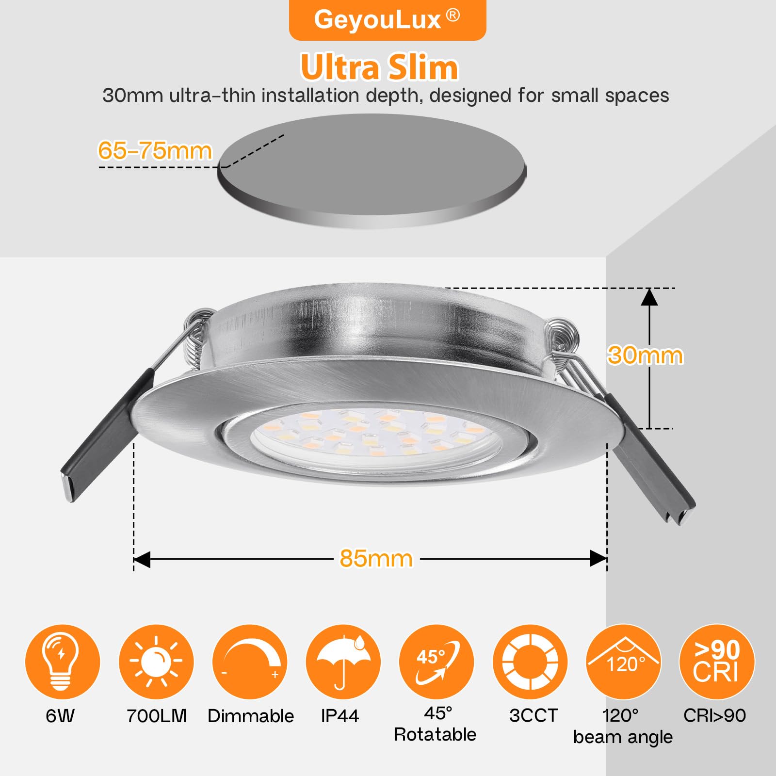 GeyouLux LED Einbaustrahler 230V Dimmbar, 6W IP44 Deckenspots, Einbauleuchten 65-75mm EinbauØ, 45° Schwenkbar 3000K/4000K/6500K Flach Einbauspots, 3CCT Spots für Badezimmer Wohnzimmer 6er Set Nickel