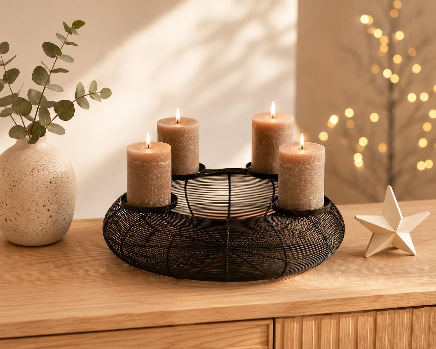 Edler Advents-Kranz Weihnachts-Gesteck aus Metall Ø 38cm schwarz Deko-Kranz Kerzenhalter Weihnacht Stumpen-Kerzenhalter Weihnachten Advent Winter Weihnachts-Deko Wohungs-Dekoration