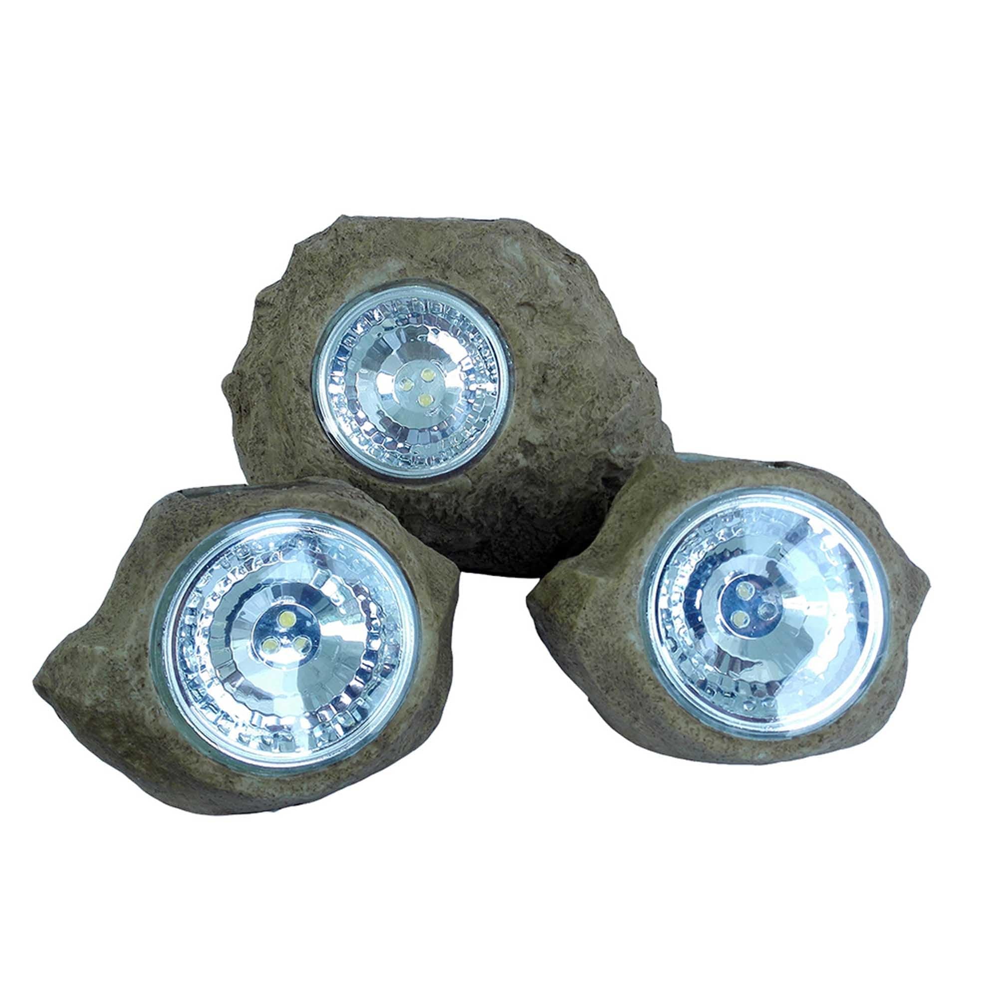 LUMI JARDIN Zestaw 3 solarnych skałek ogrodowych LED do postawienia na stałe białe światło ROCKY BROWN 14 i 9 cm