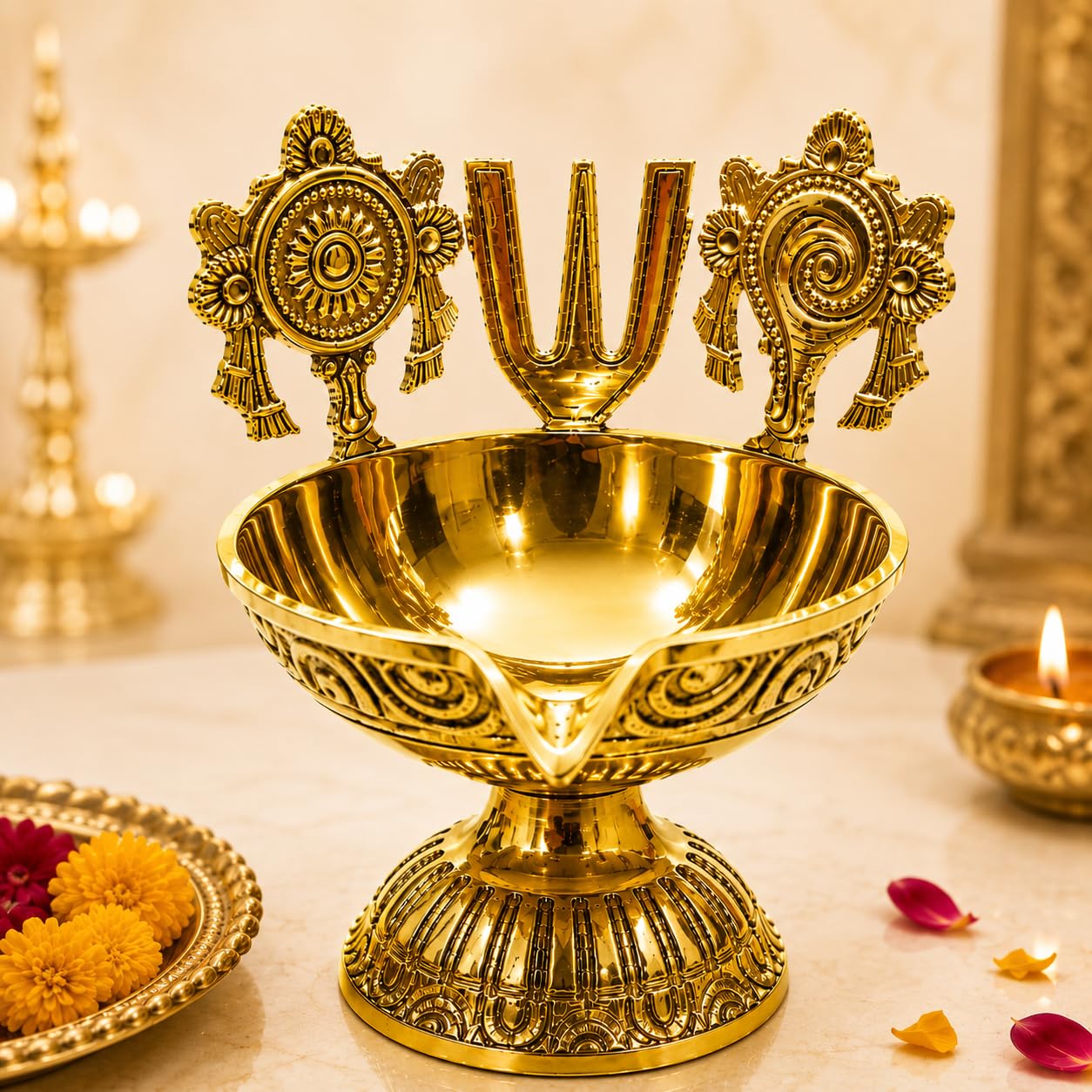 Pure Brass Balaji shankh Chakra Namah Tilak Diya – Big Size - padmanabha Swami Oil lamp for Home & mandir Decor | Traditional Hindu Decorative deepam (Gold Finish, 249g)”-image-9