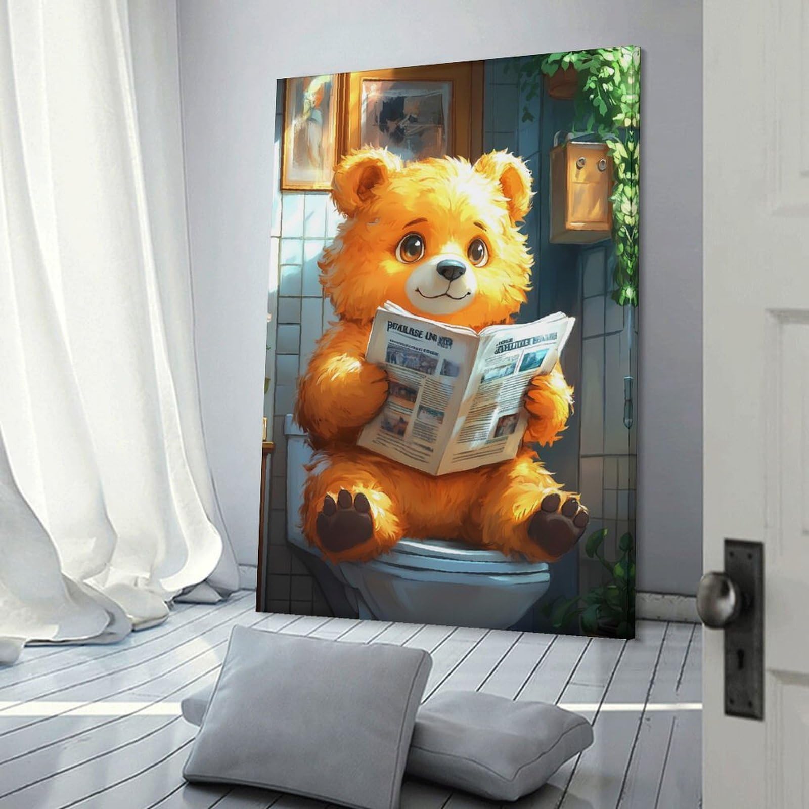 Junmoney Canvas Wall Art Bear Reading Newspaper on Toilet Funny, 24x36inch(60x90cm), for New Homes, Bedrooms Or Workspaces, Canvas Artwork with Gifting Potential