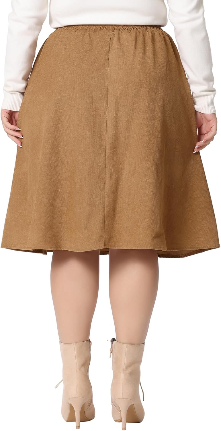 Agnes Orinda Plus Size Corduroy Midi Skirts for Women Elastic High Waist Button Front A-Line Skirt with Pockets - Image 4